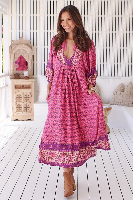 Jaase - Boheme Midi Dress: Piping Defined Bust Slimline Smock Dress In Jolene Print