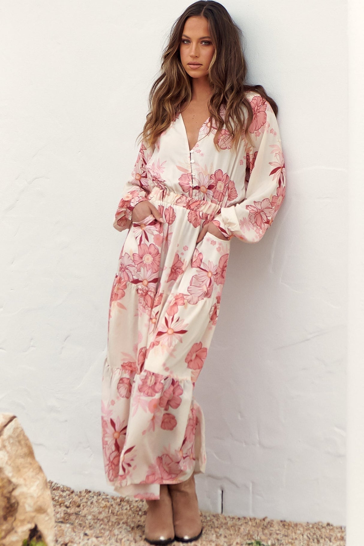 Jaase - Otto Maxi Dress: Deep V Neck Long Sleeve Dress With Pockets In Lucie Print
