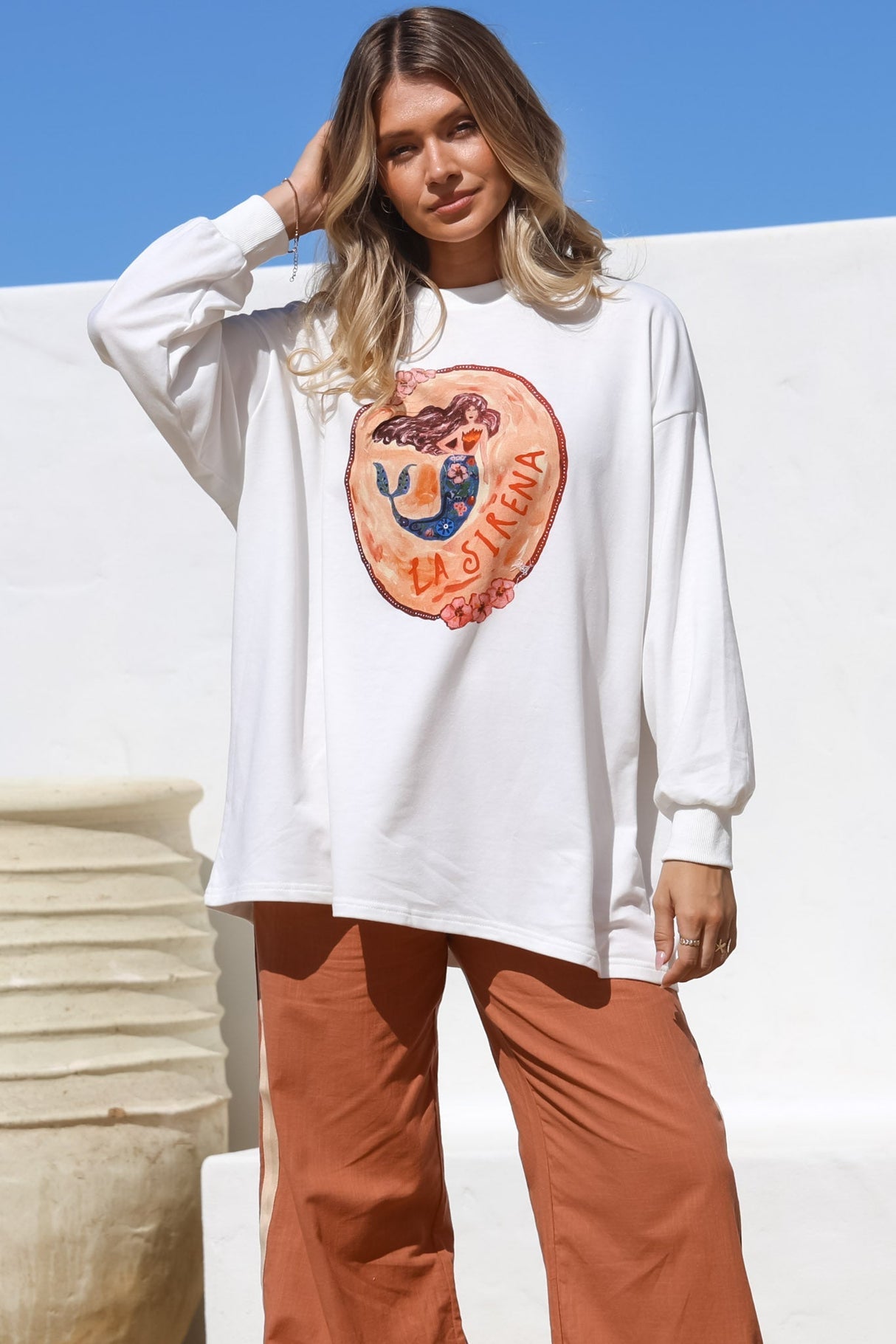 La Sirena Set - Graphic Long Sleeve Top And Pants With Stripe Accent In Orange