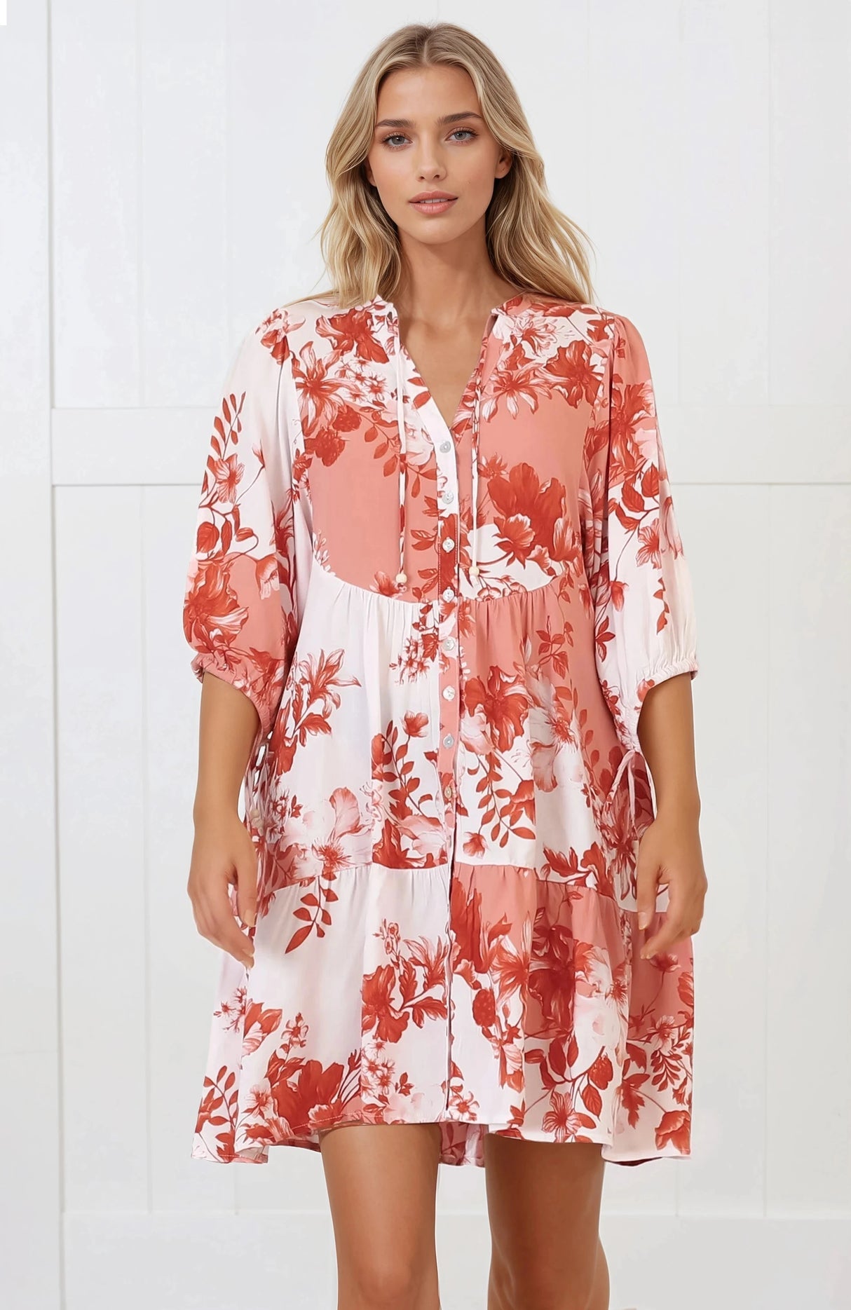 Lea Mini Dress - 3/4 Sleeve Babydolll Dress In Eryn Print