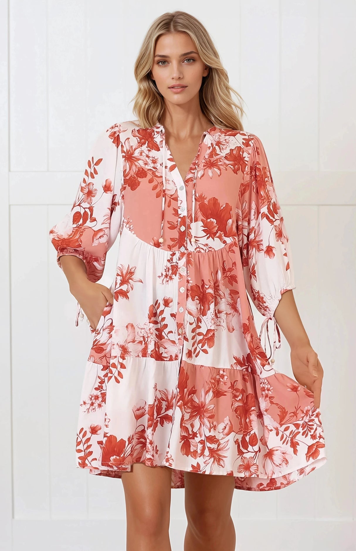 Lea Mini Dress - 3/4 Sleeve Babydolll Dress In Eryn Print