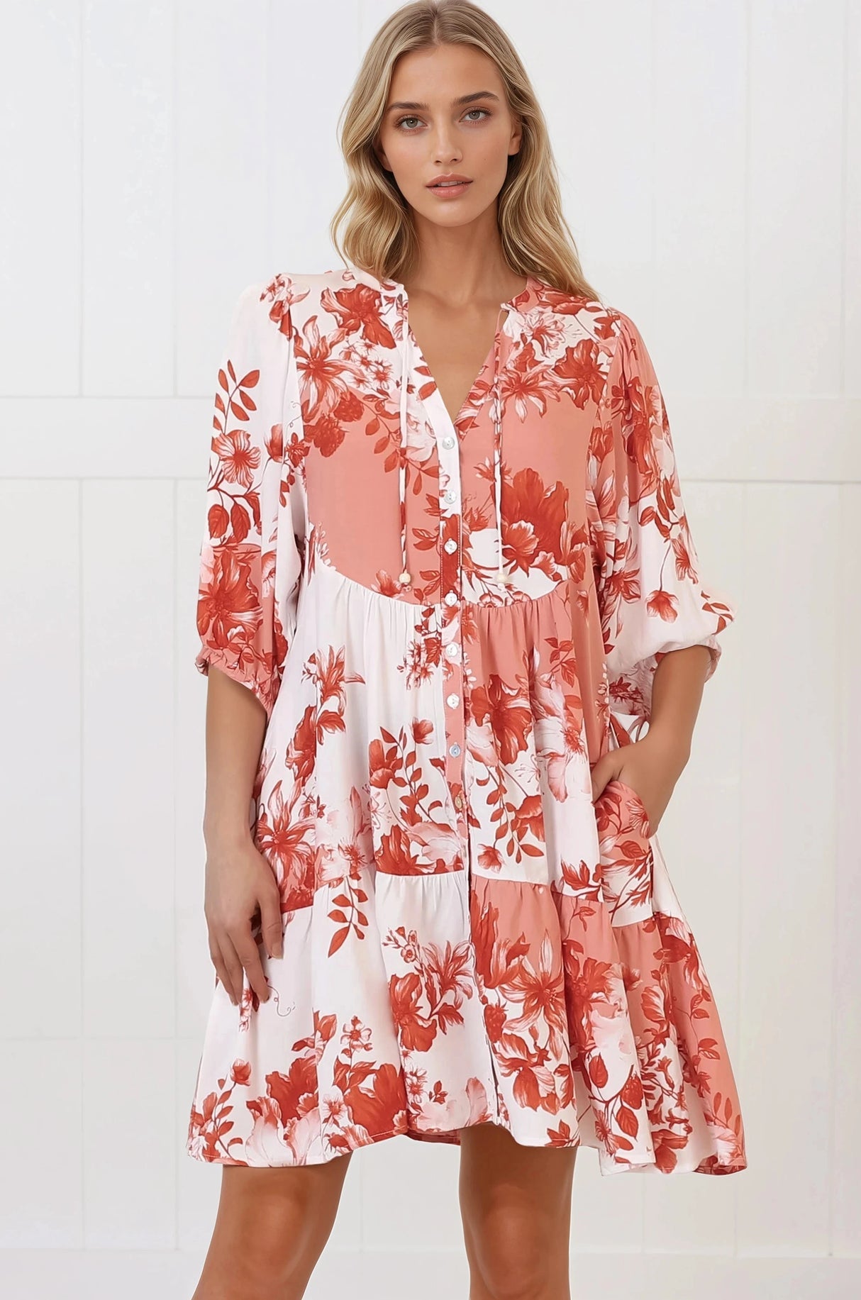 Lea Mini Dress - 3/4 Sleeve Babydolll Dress In Eryn Print