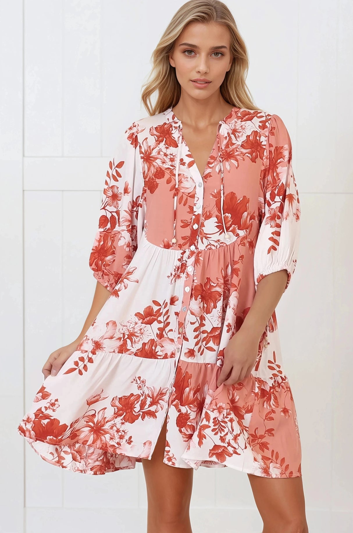 Lea Mini Dress - 3/4 Sleeve Babydolll Dress In Eryn Print