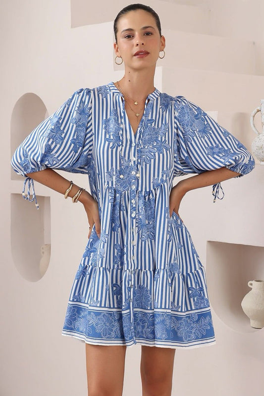 Lea Mini Dress - 3/4 Sleeve Babydoll Dress In Keller Print