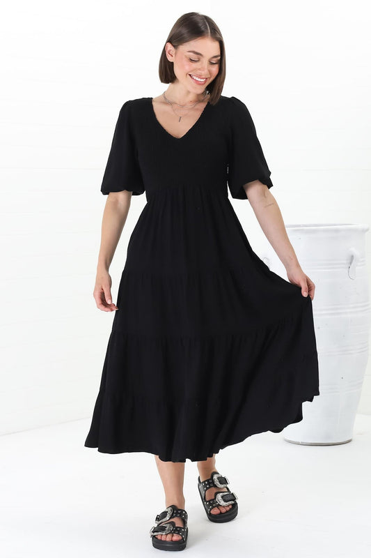 Lellah Midi Dress - Shirred Bodice Soft V Neck Tiered Dress In Black
