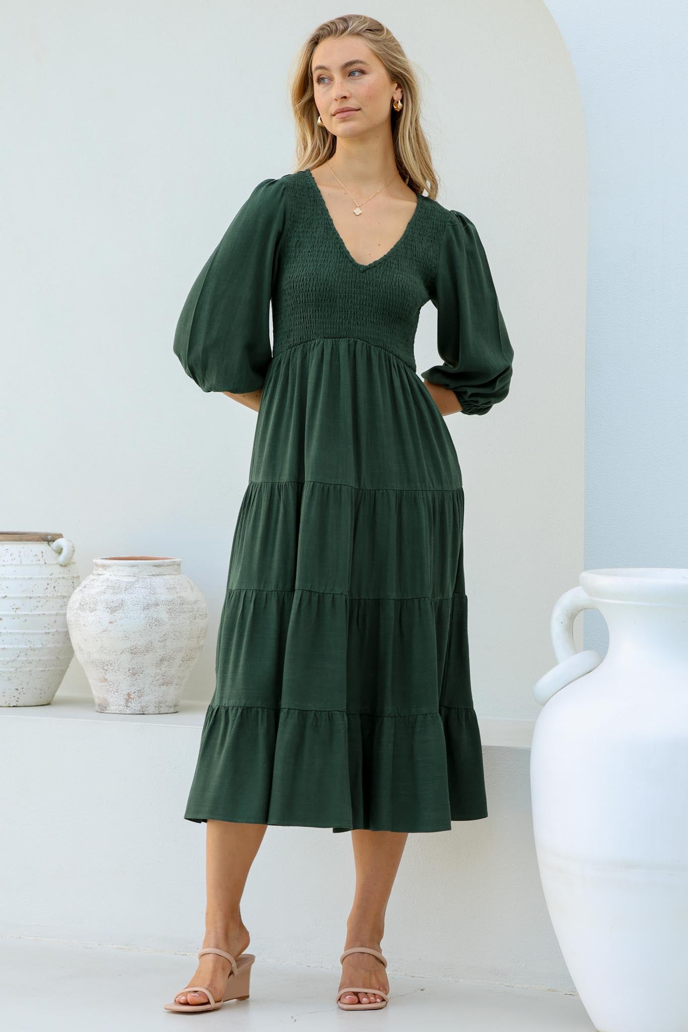 Lellah Midi Dress - Shirred Bodice Soft V Neck Tie