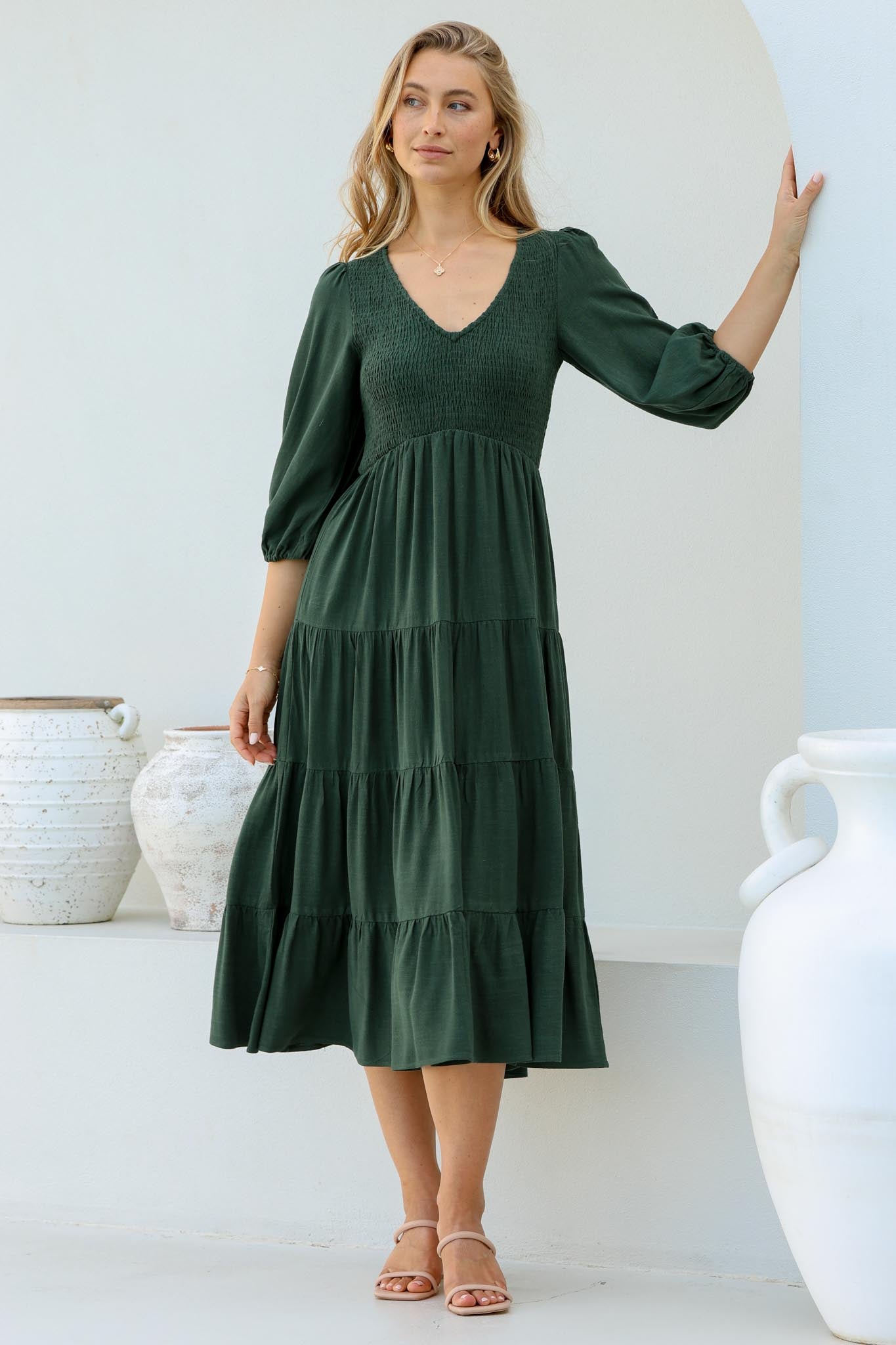 Lellah Midi Dress - Shirred Bodice Soft V Neck Tie