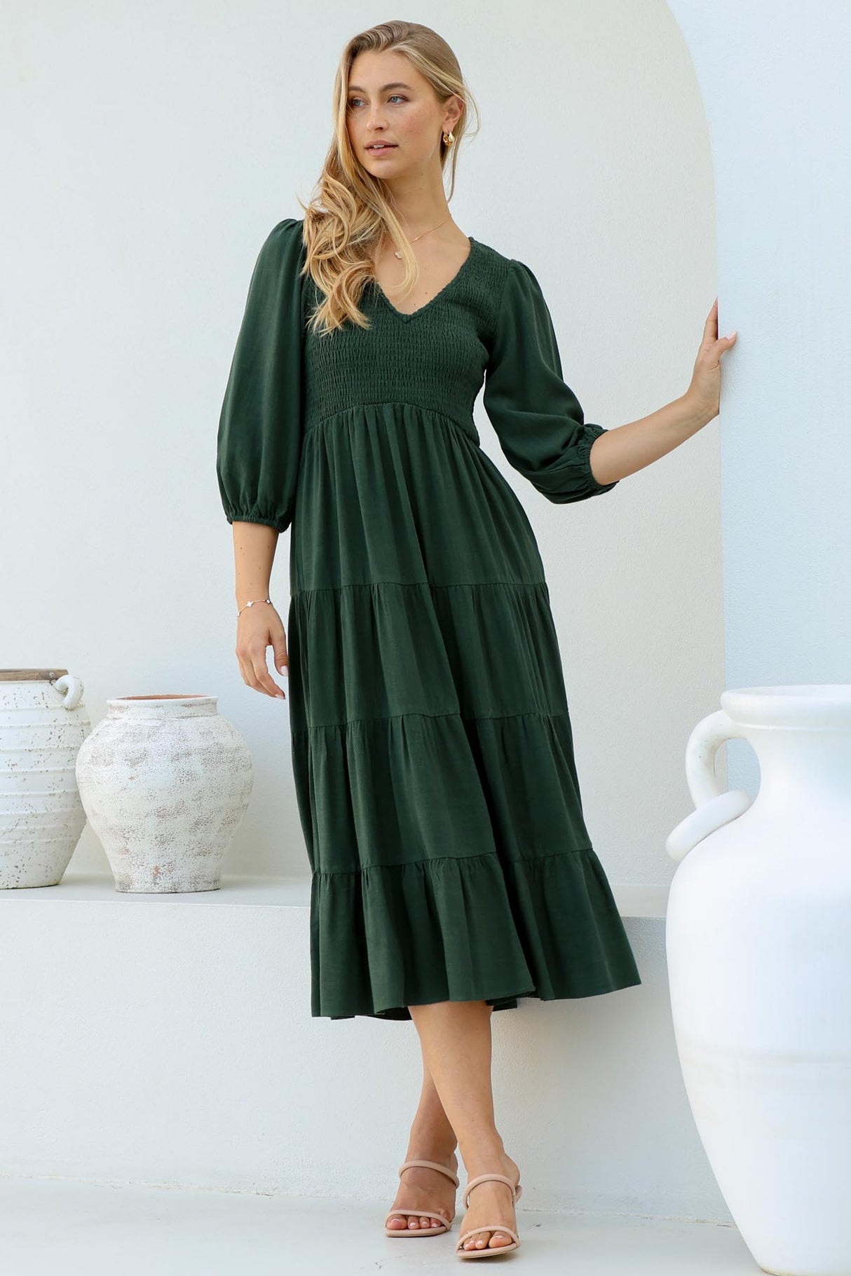 Lellah Midi Dress - Shirred Bodice Soft V Neck Tiered Dress In Green