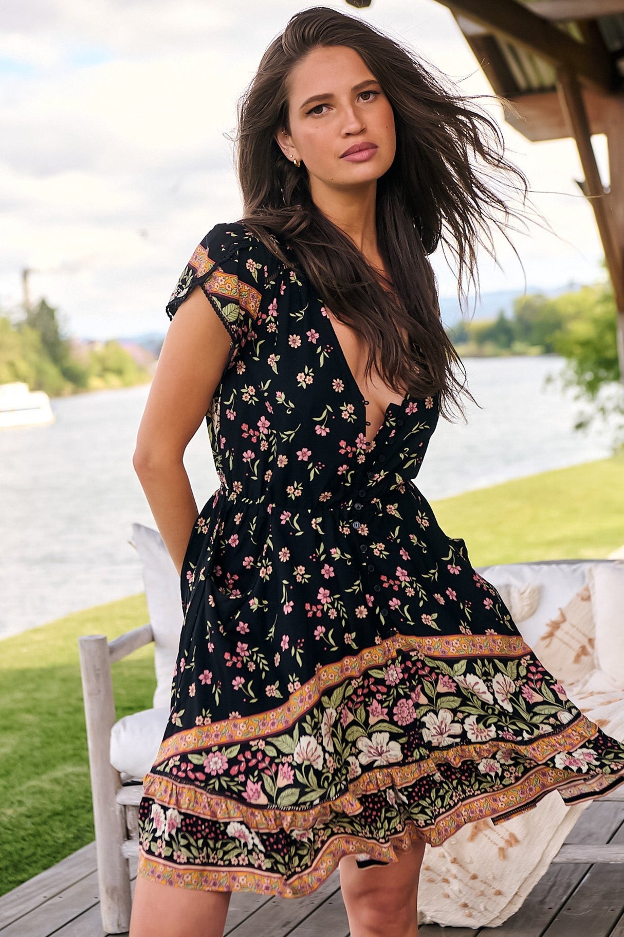 Jaase - Lizzie Mini Dress: Butterfly Cap Sleeve Button Down Dress With Pockets In Eternity Print