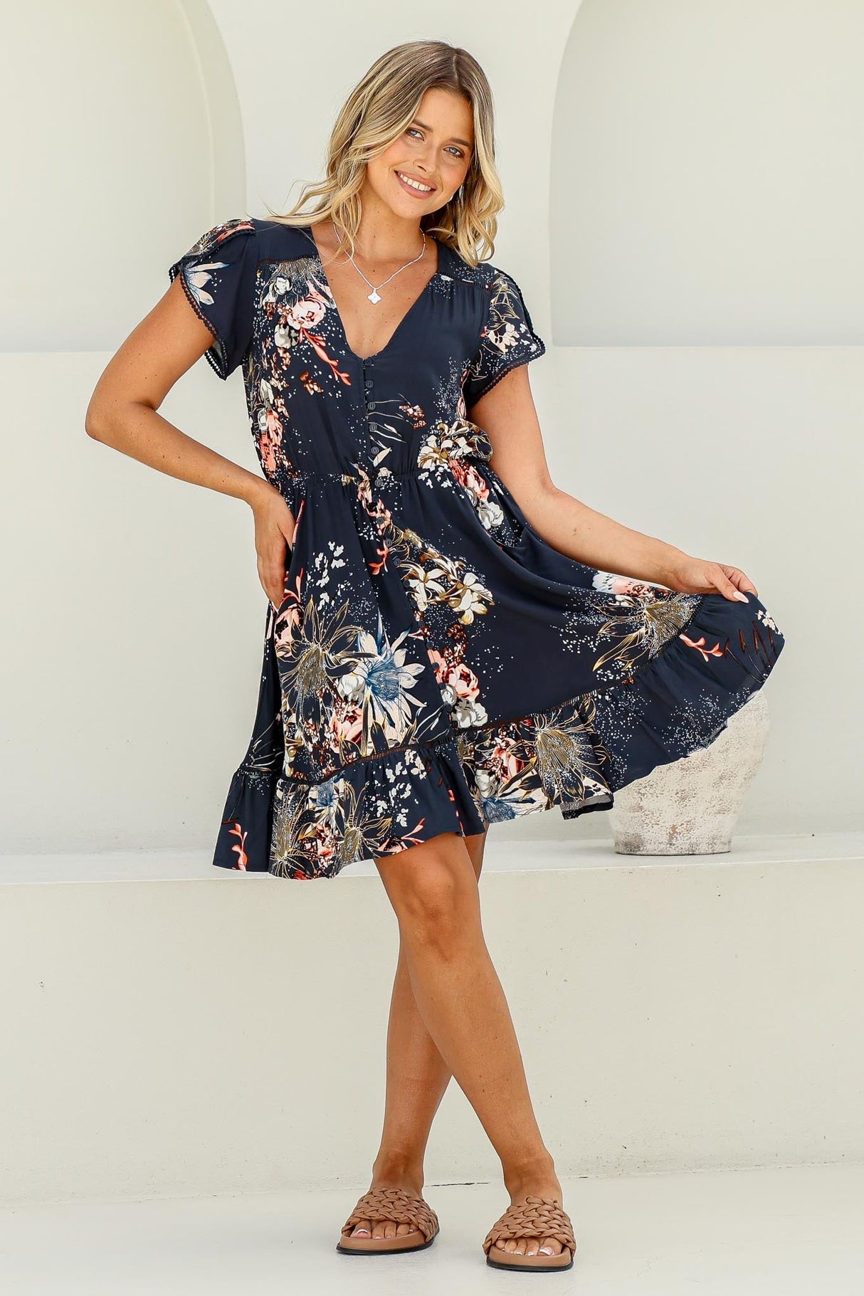 Jaase - Lizzie Mini Dress: Butterfly Cap Sleeve Button Down Dress With Pockets In Indigo Print