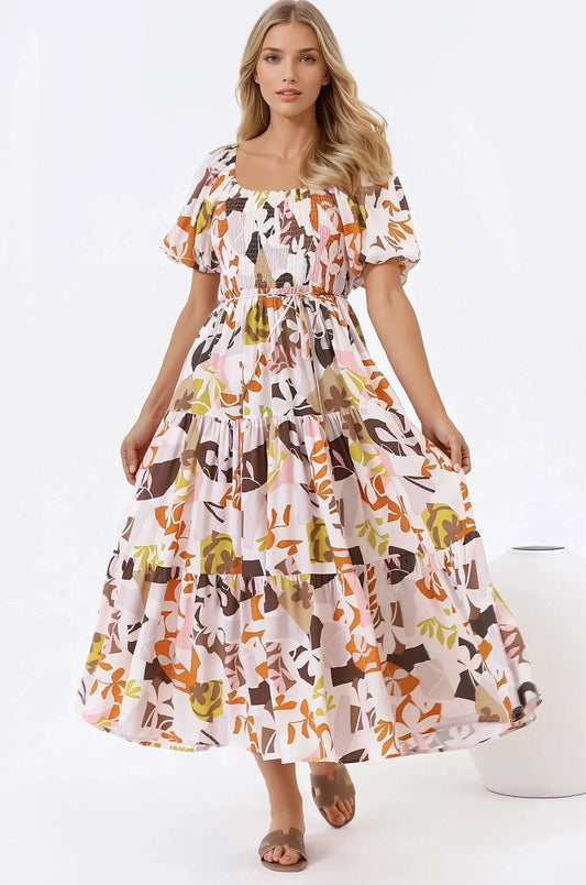 Lolitta Midi Dress - On Or Off Shoulder Elasticated Bodice Dress In Irisa Print