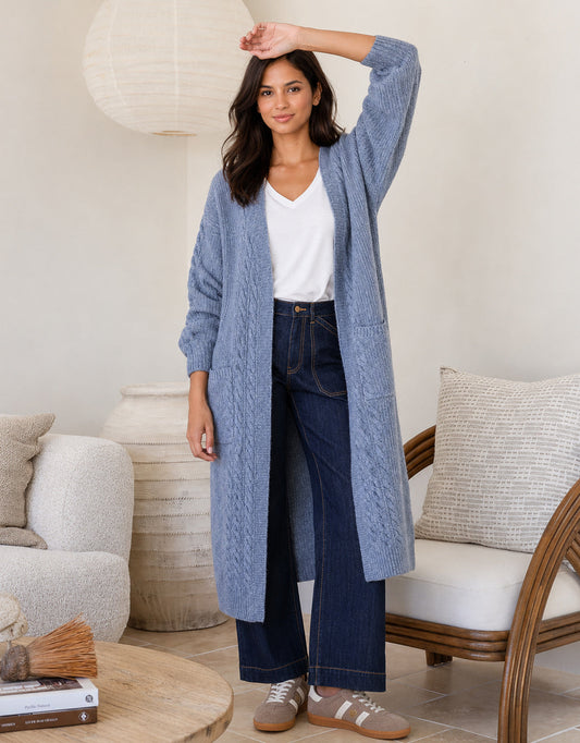 Longline Cable Cardi - Blue