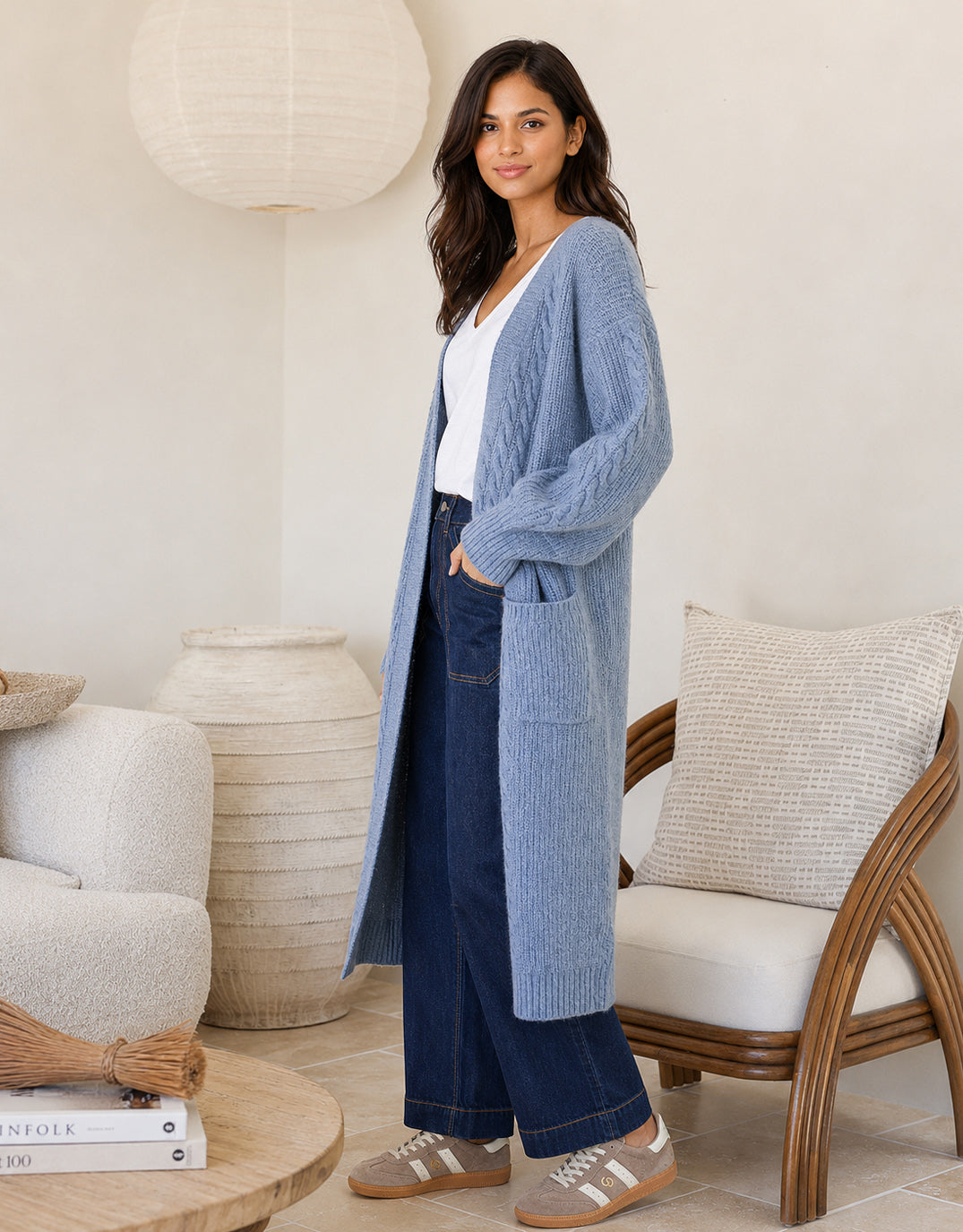 Longline Cable Cardi - Blue