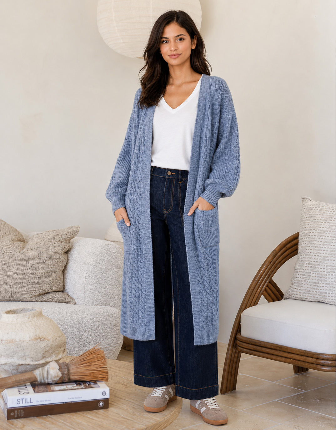 Longline Cable Cardi - Blue