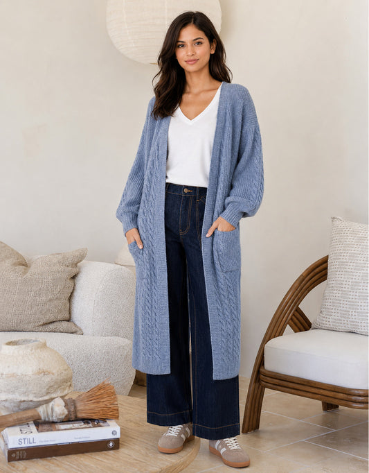 Longline Cable Cardi - Blue