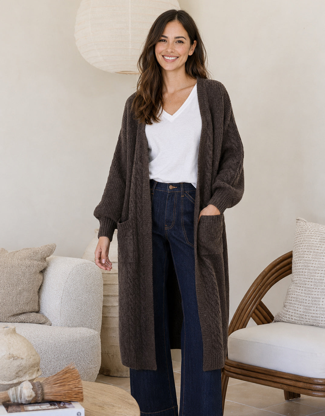 Longline Cable Cardi - Chocolate