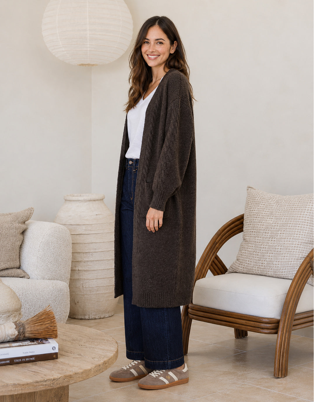 Longline Cable Cardi - Chocolate