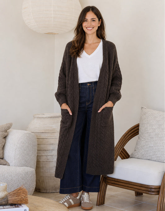 Longline Cable Cardi - Chocolate