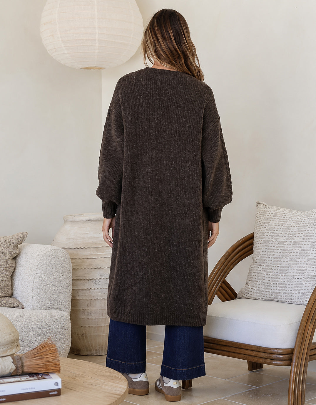 Longline Cable Cardi - Chocolate
