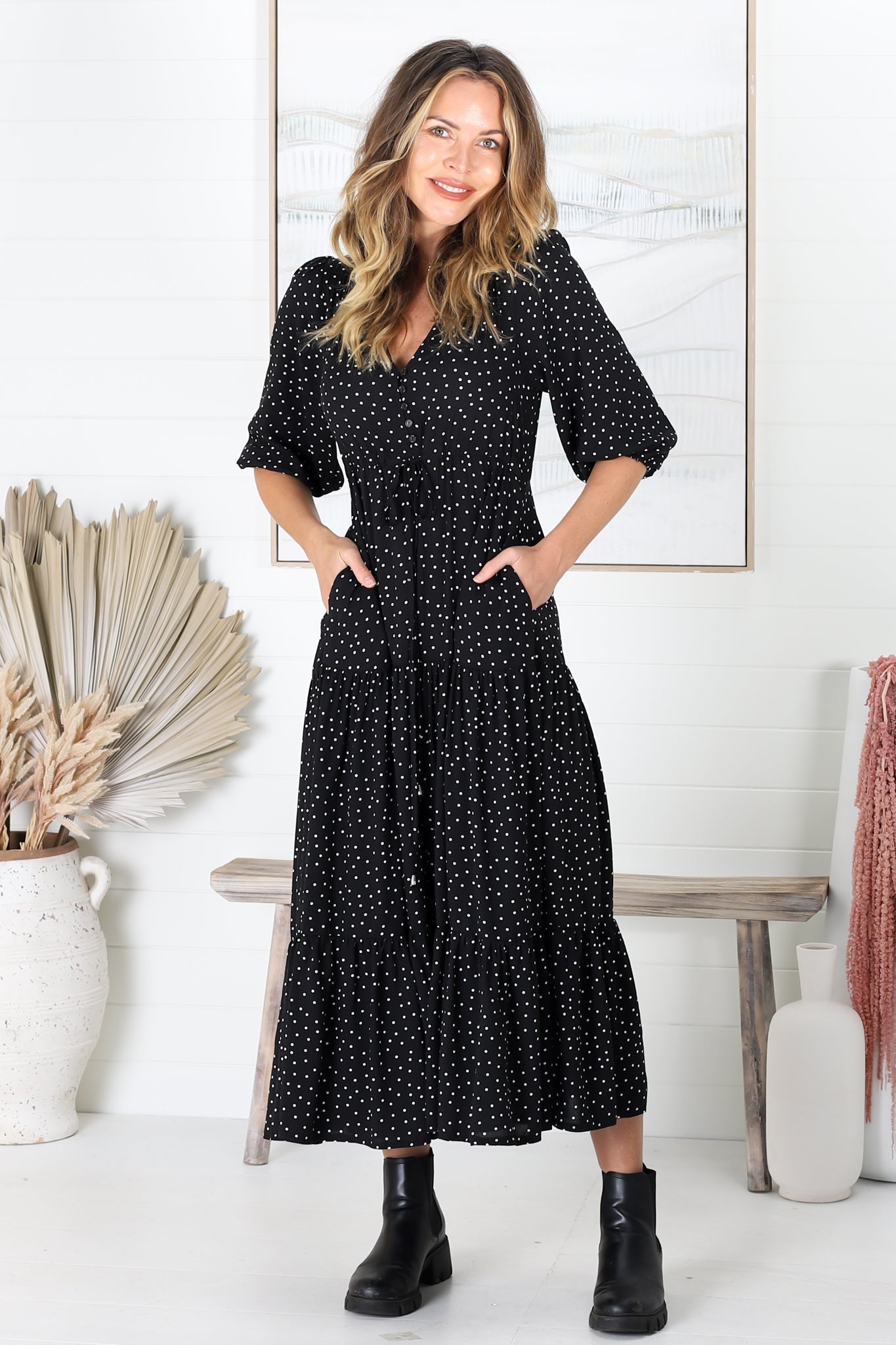 Montania Maxi Dress - Buttoned Bodice Pull in Wais