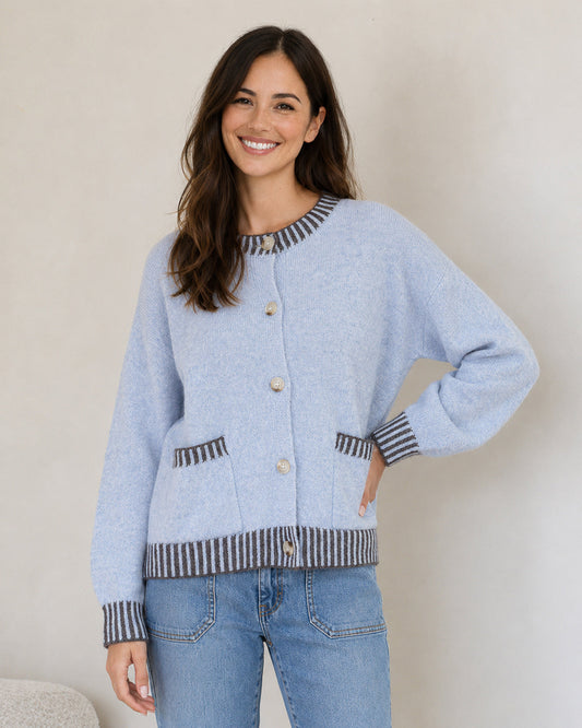 Macie Wool Blend Cardi - Blue/Choc