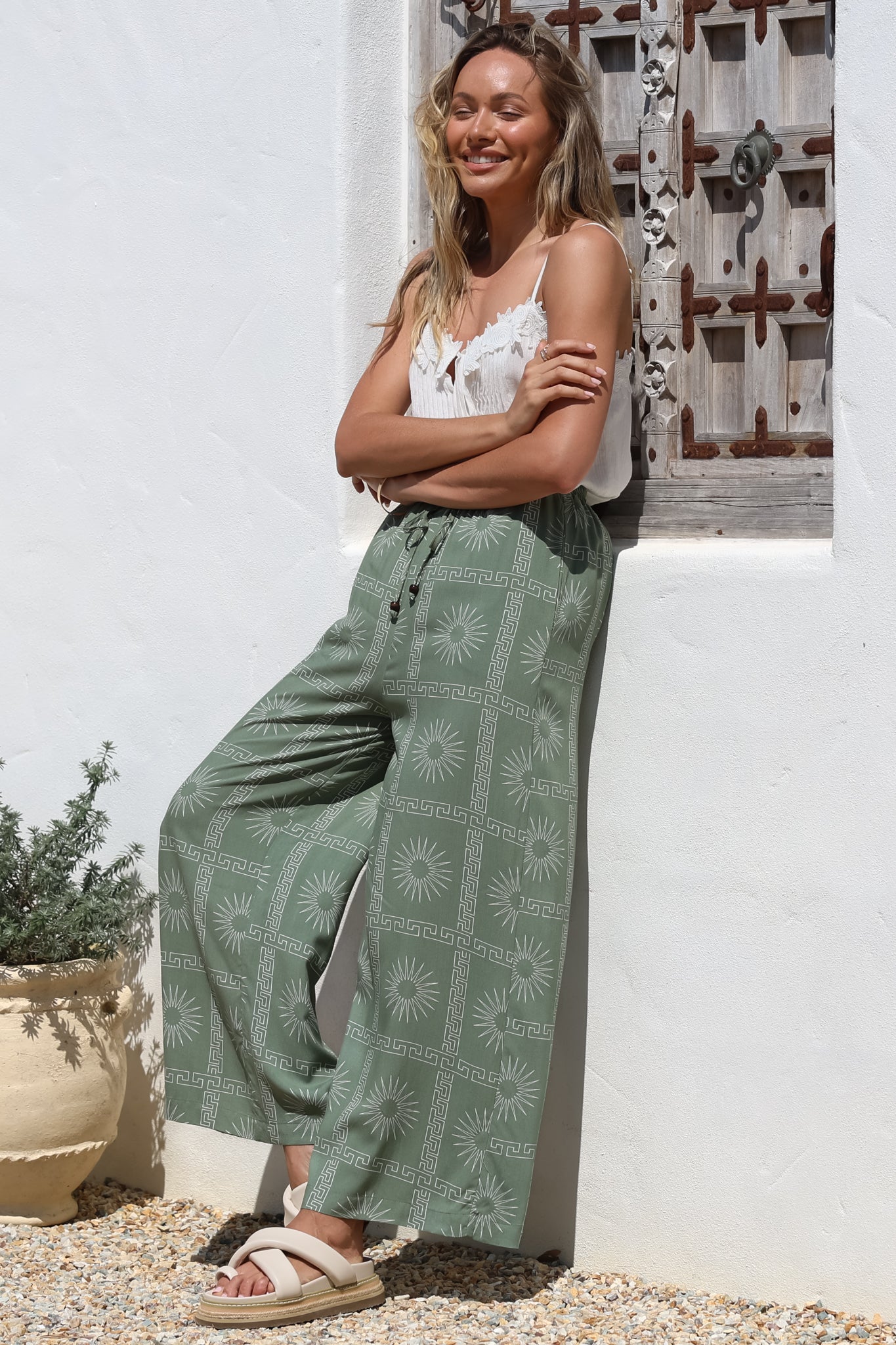 Mahina Pants - High Waisted Straight Leg Pants Astra Print in Green