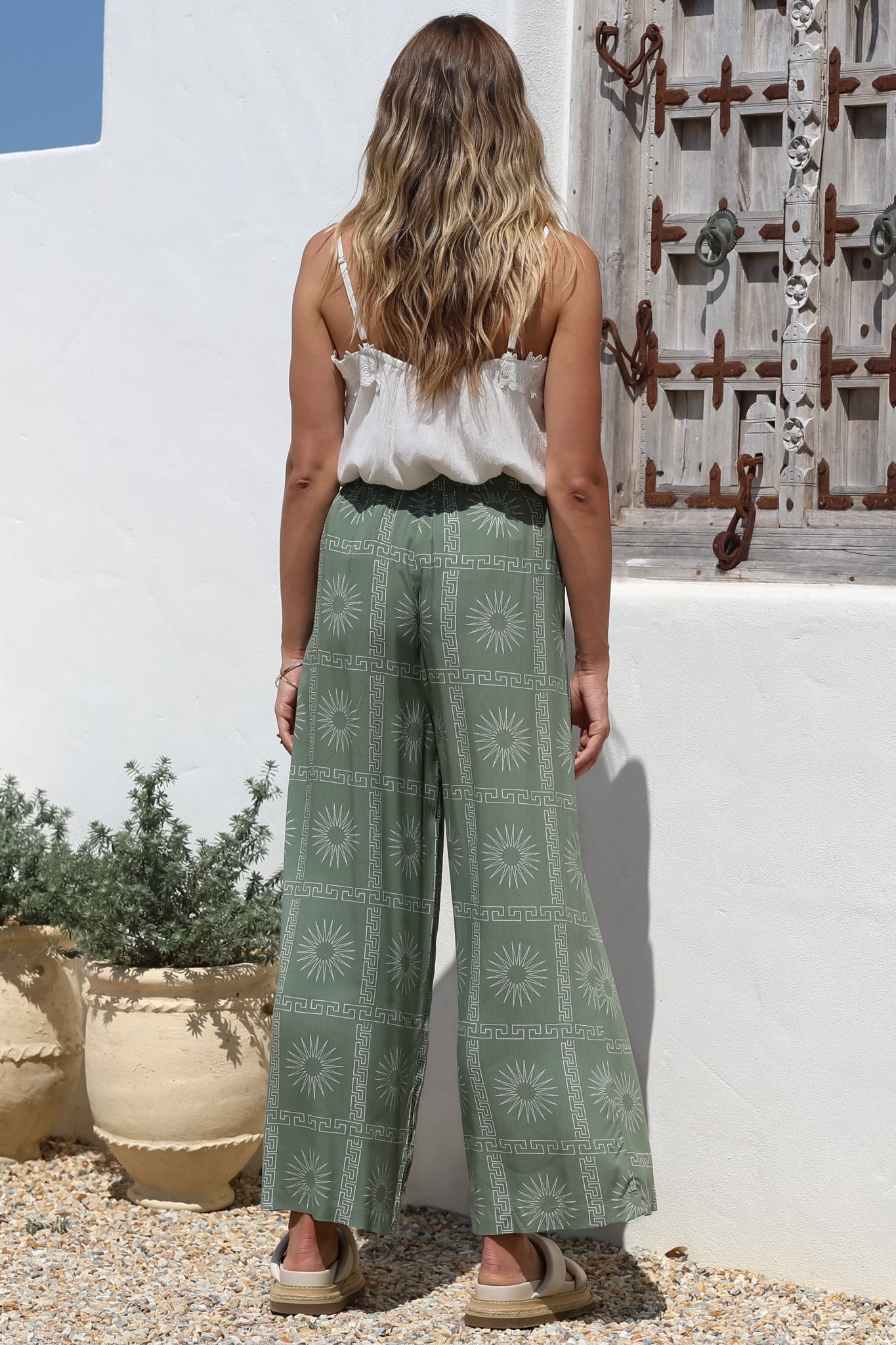 Mahina Pants - High Waisted Straight Leg Pants Astra Print in Green