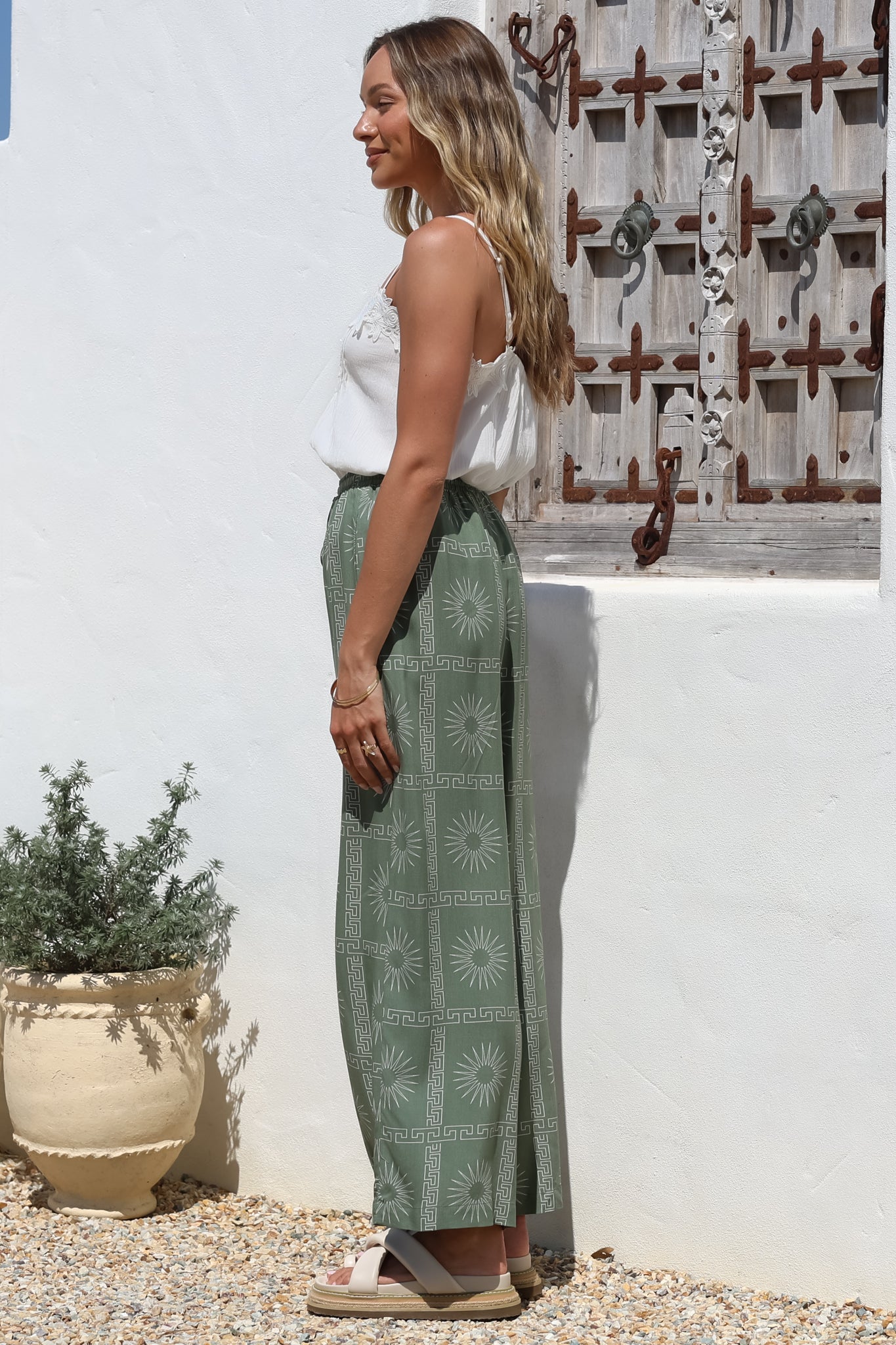 Mahina Pants - High Waisted Straight Leg Pants Astra Print in Green