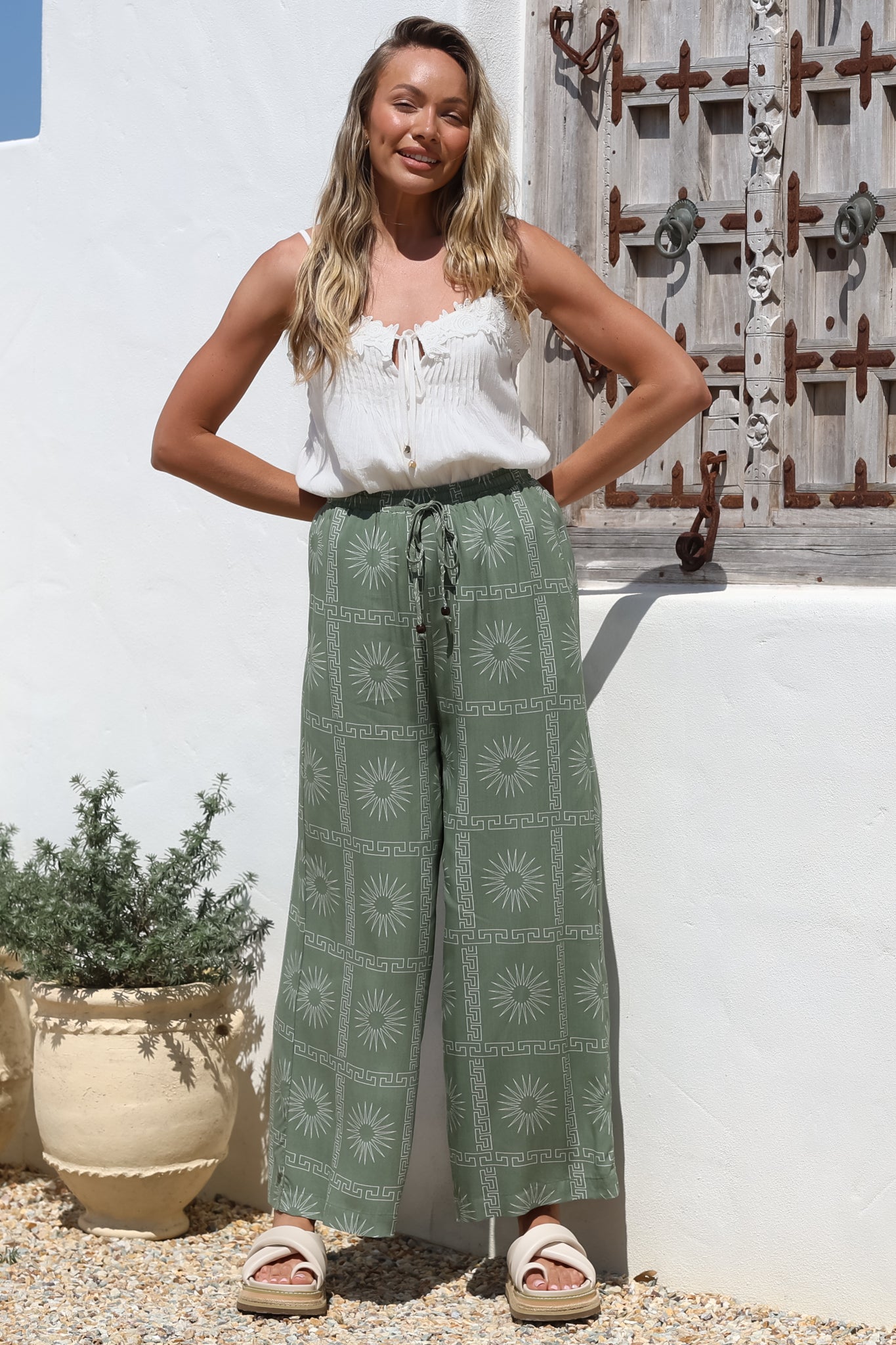 Mahina Pants - High Waisted Straight Leg Pants Astra Print in Green