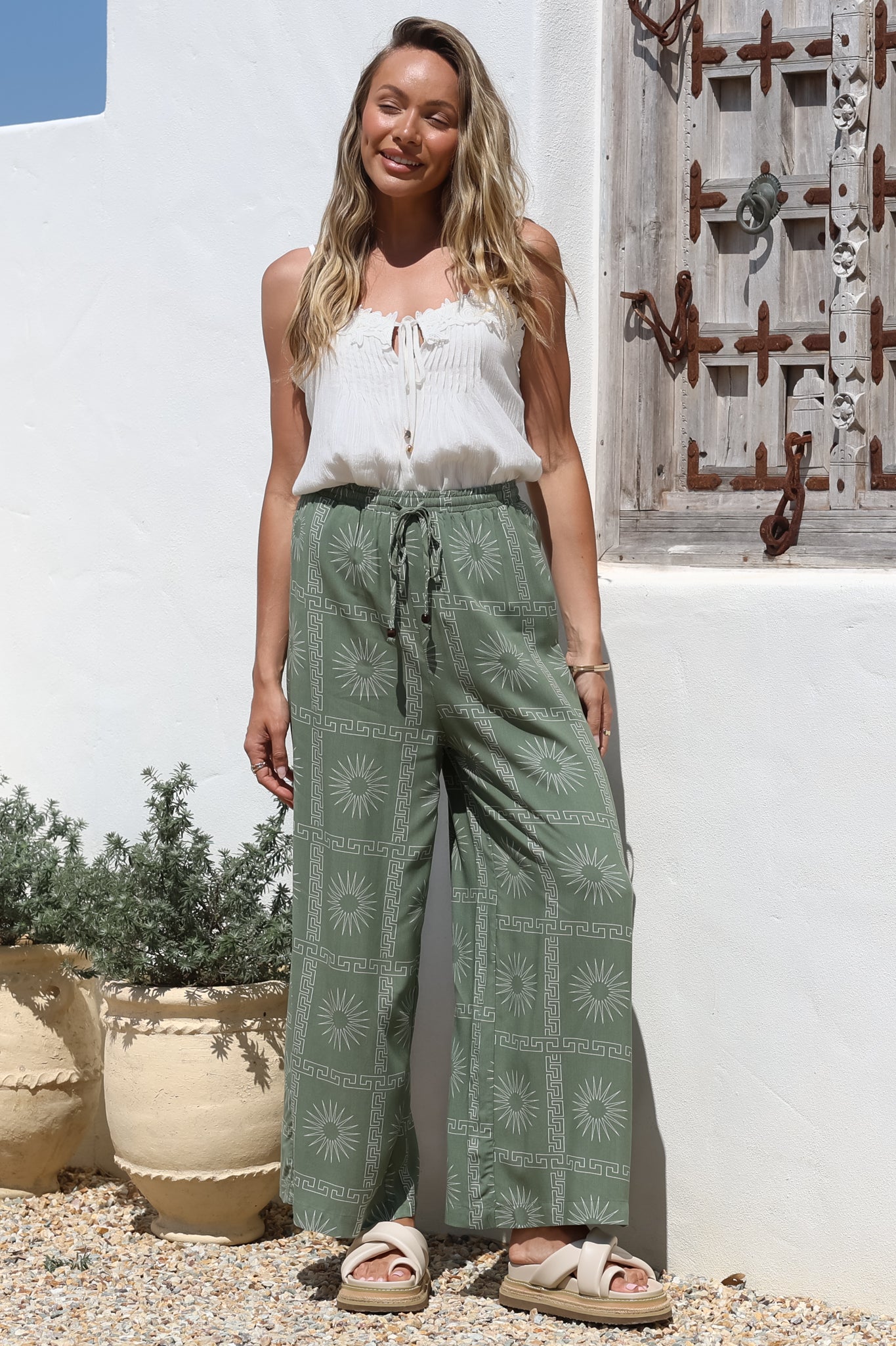 Mahina Pants - High Waisted Straight Leg Pants Astra Print in Green