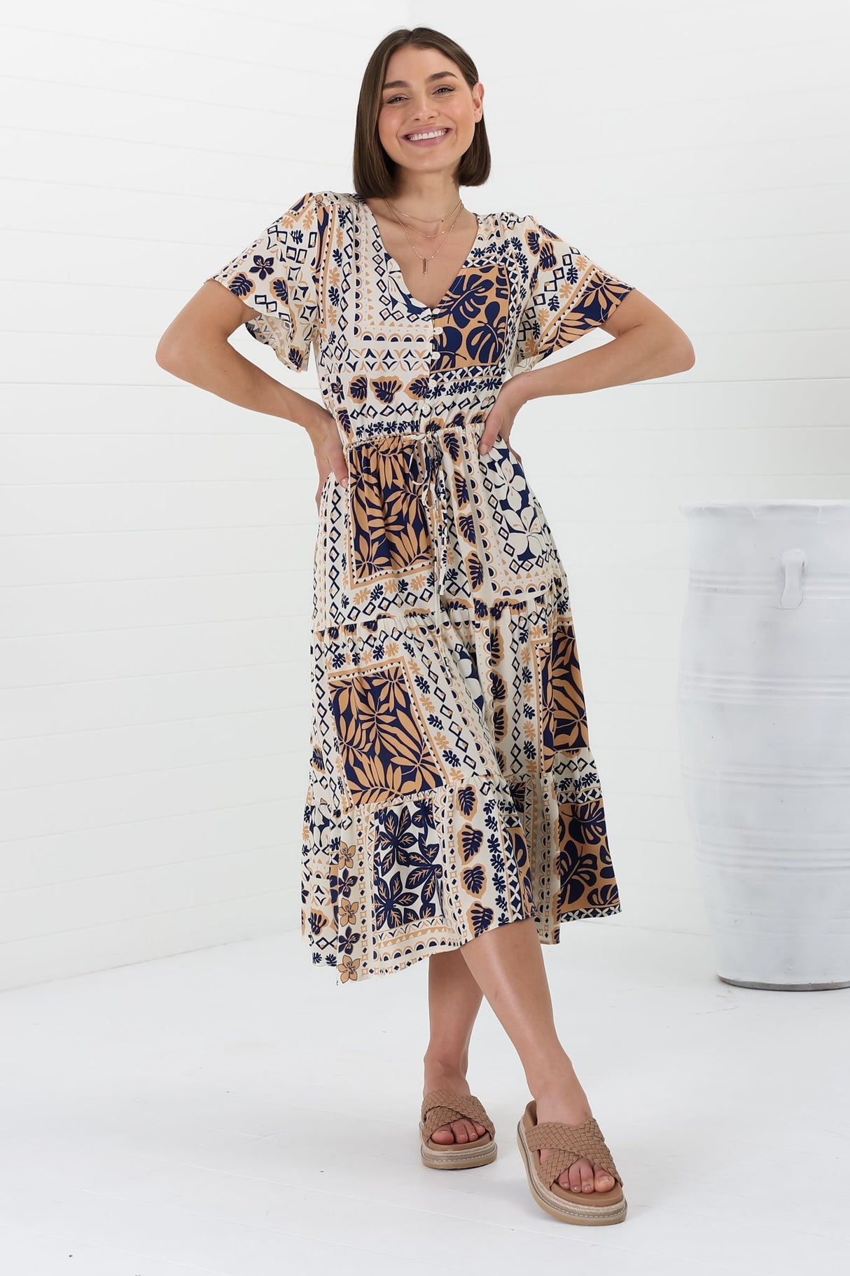 Marly Midi Dress - A Line Dress With Cap Sleeves And Rick Rack Splicing Alphy Print