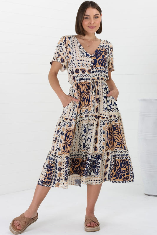 Marly Midi Dress - A Line Dress With Cap Sleeves And Rick Rack Splicing Alphy Print