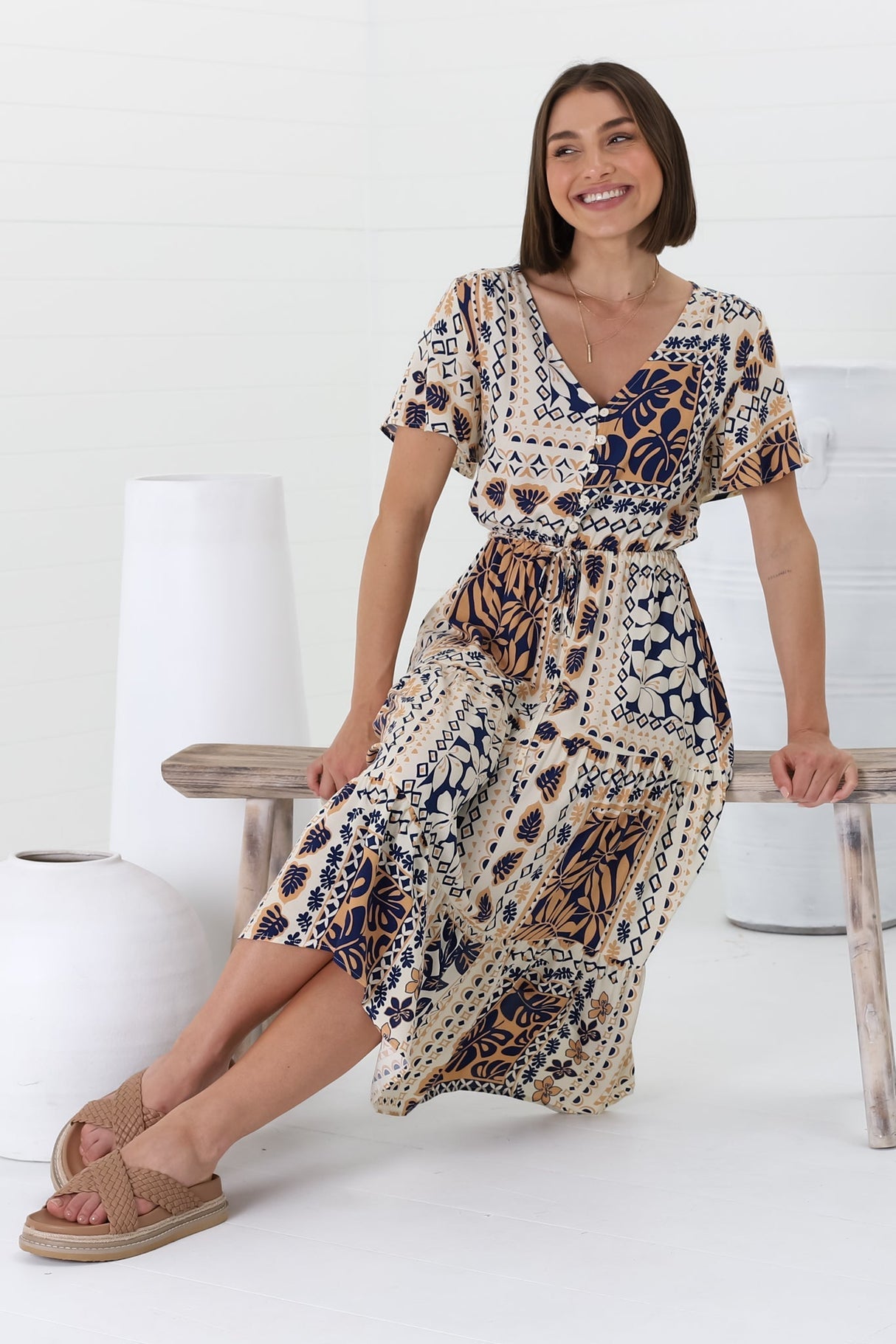 Marly Midi Dress - A Line Dress With Cap Sleeves And Rick Rack Splicing Alphy Print