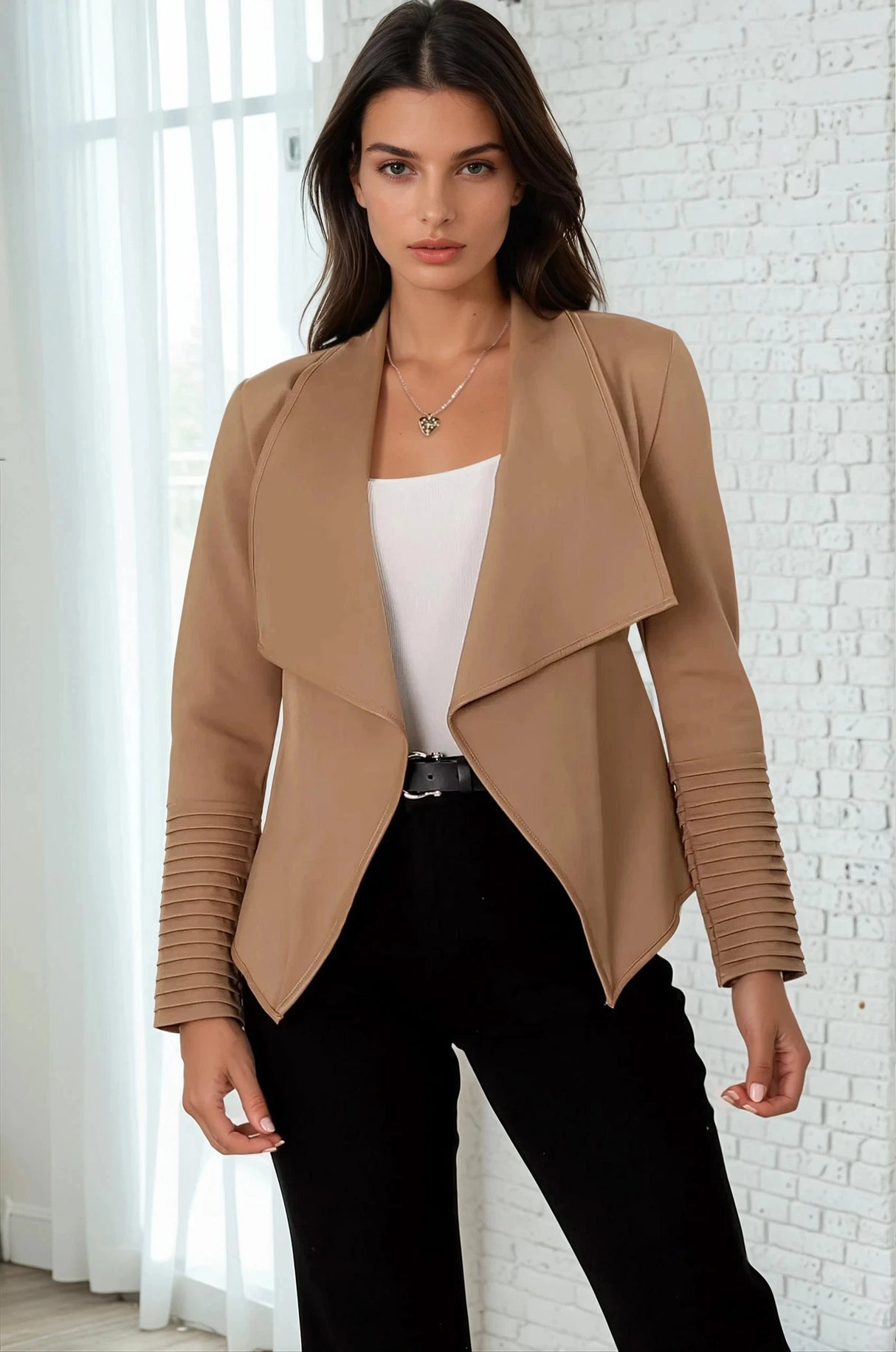 Marlyn Jacket - Faux Leather Trim Lapel Collar Jacket With Pintuck Detailed Sleeves In Camel