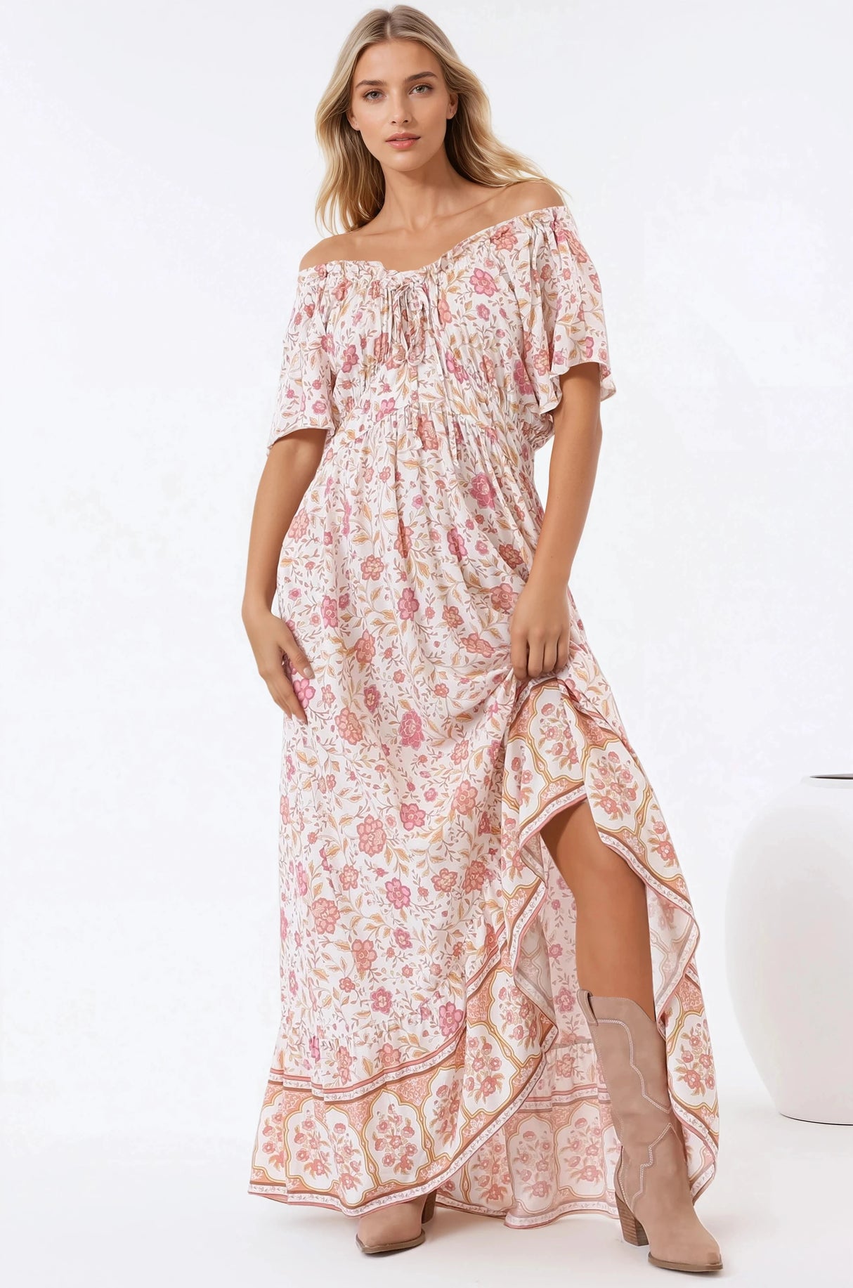 Micalea Midi Dress - On Or Off Shoulder Tie Back A Line Dress In Stacey Print