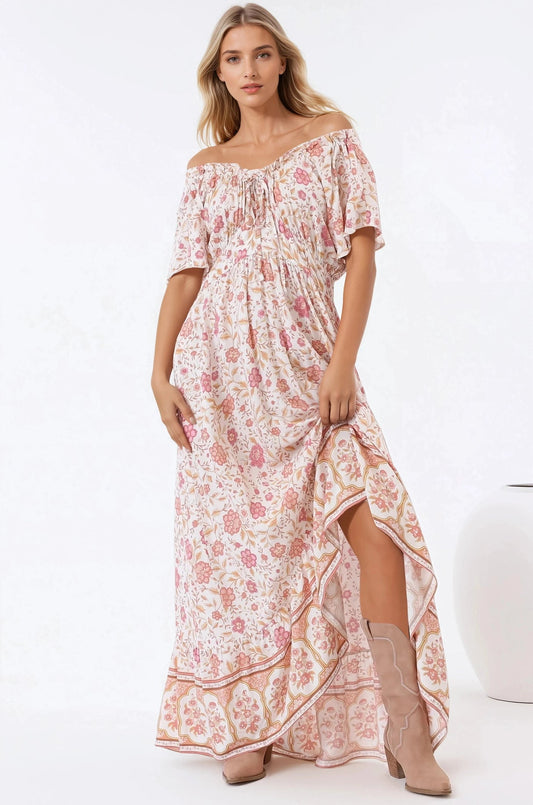 Micalea Midi Dress - On Or Off Shoulder Tie Back A Line Dress In Stacey Print