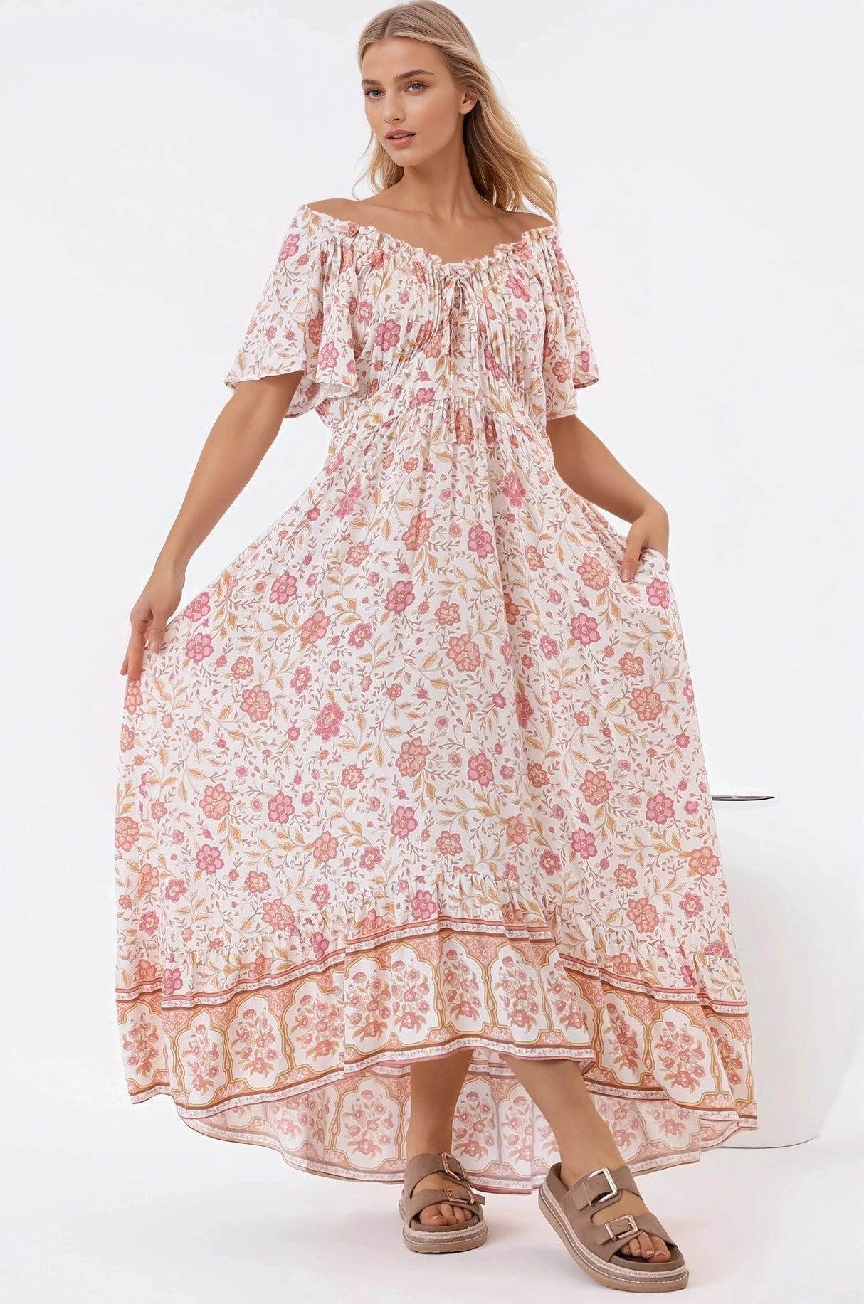 Micalea Midi Dress - On Or Off Shoulder Tie Back A Line Dress In Stacey Print
