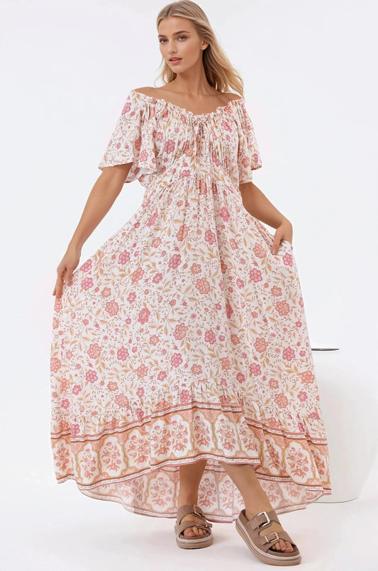 Micalea Midi Dress - On Or Off Shoulder Tie Back A Line Dress In Stacey Print