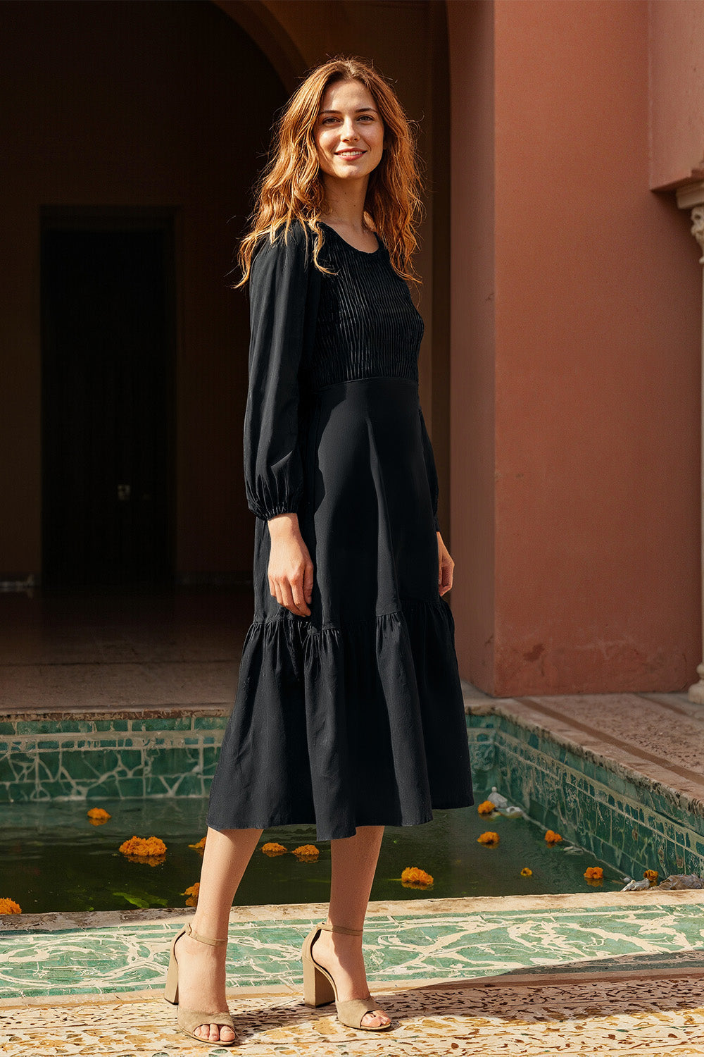 Minden Linen Long Sleeve Shirred Dress in Black