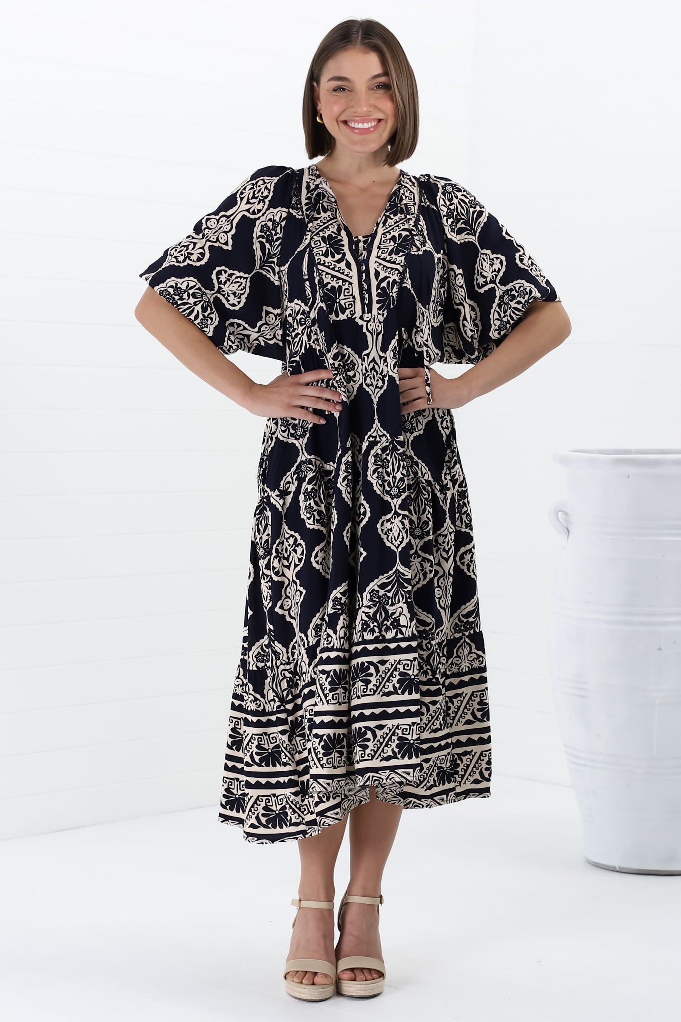 Kamali Midi Dress - Batwing Sleeve Smock Dress with Lace Detailing in Belle Print Navy