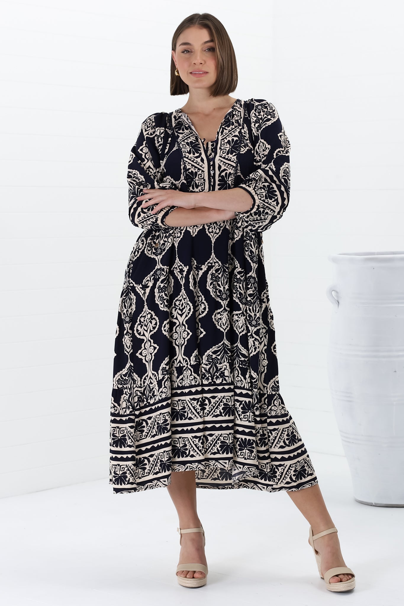 Kamali Midi Dress - Batwing Sleeve Smock Dress with Lace Detailing in Belle Print Navy