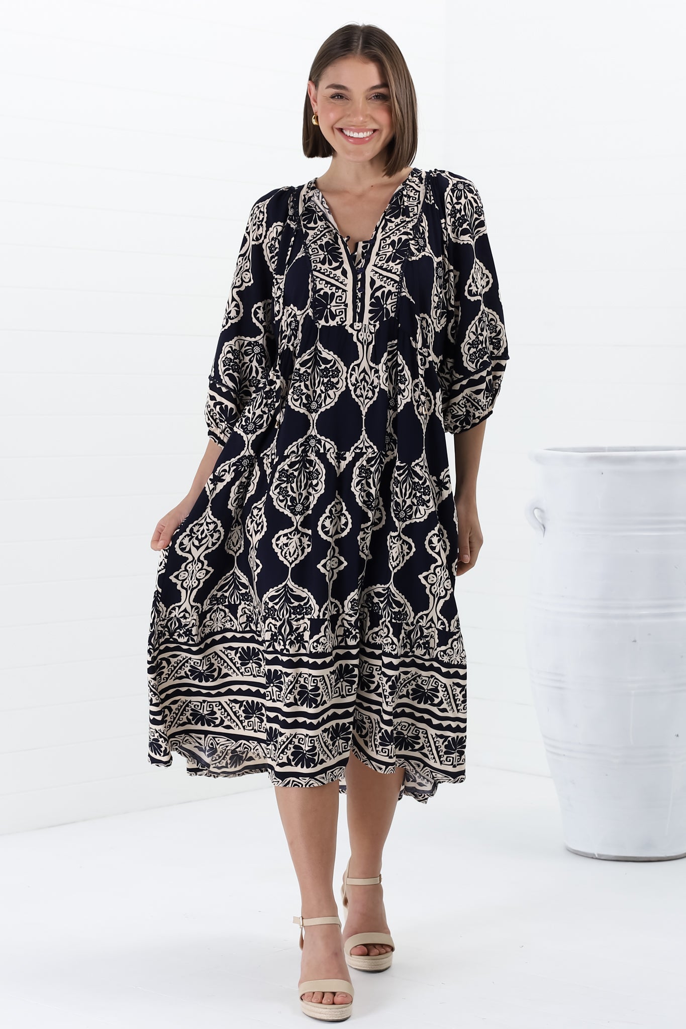 Kamali Midi Dress - Batwing Sleeve Smock Dress with Lace Detailing in Belle Print Navy