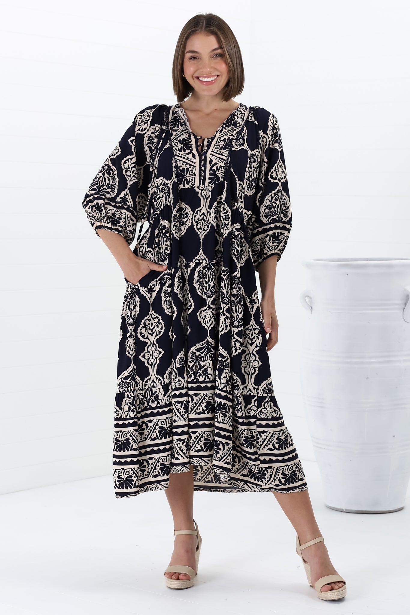 Kamali Midi Dress - Batwing Sleeve Smock Dress with Lace Detailing in Belle Print Navy