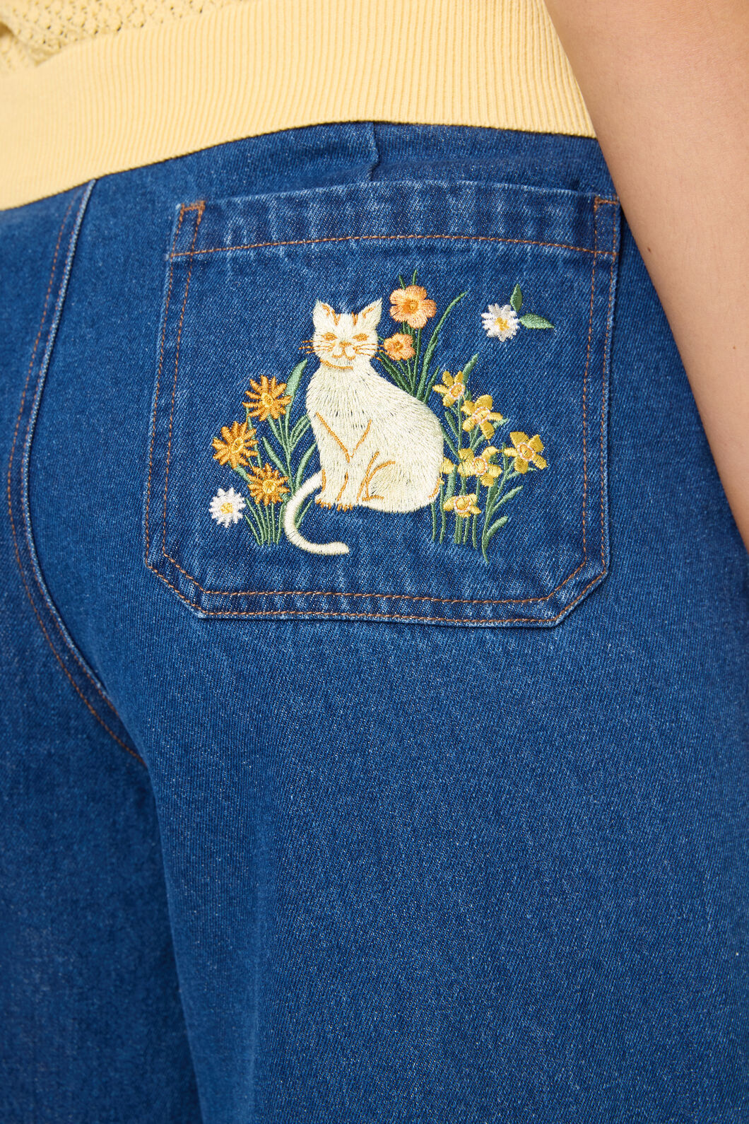 Cat Embroidered Denim Jean