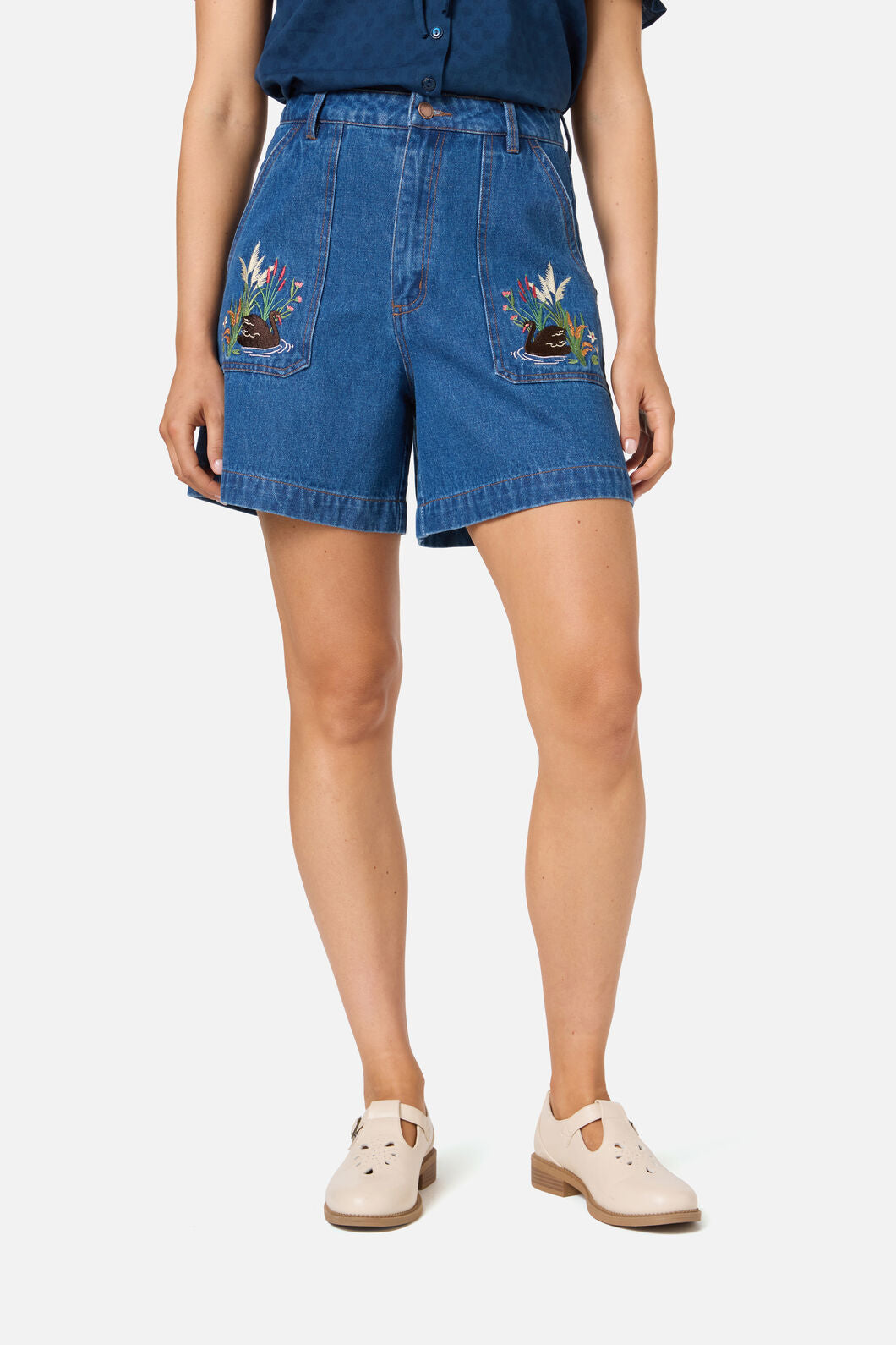 Swan Embroidered Denim Short