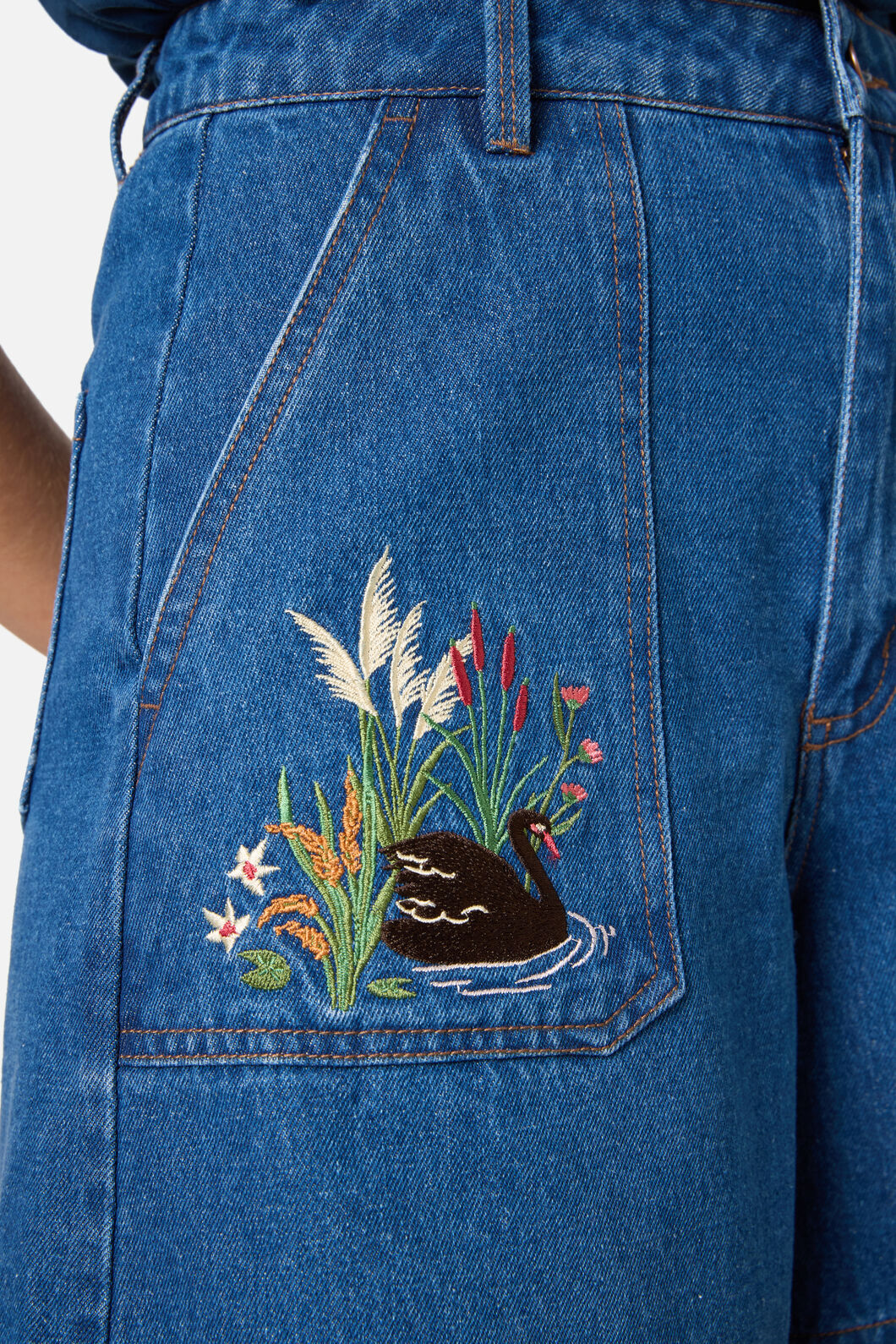 Swan Embroidered Denim Short