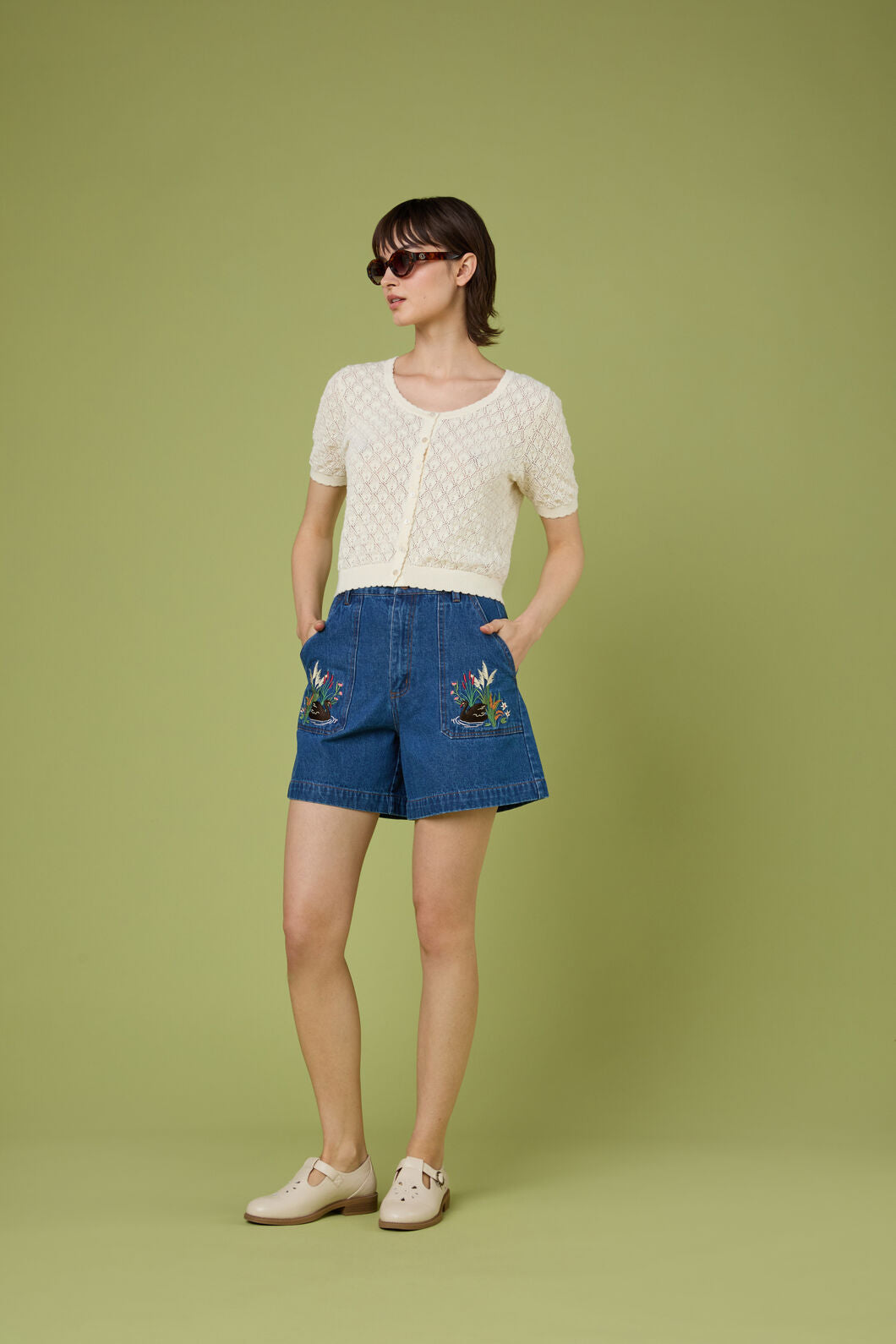 Swan Embroidered Denim Short