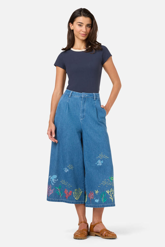 Sea Embroidered Denim Culotte