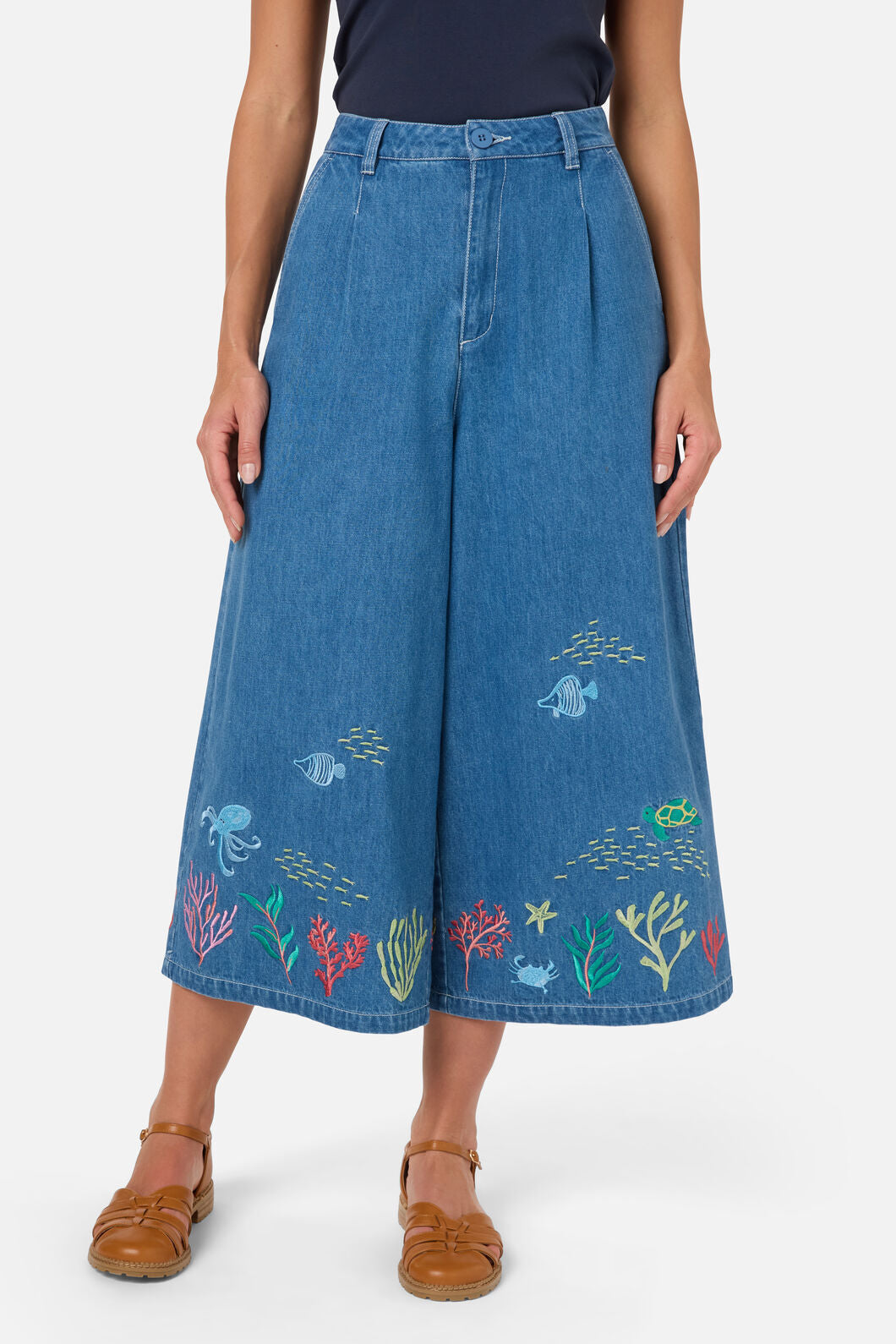 Sea Embroidered Denim Culotte