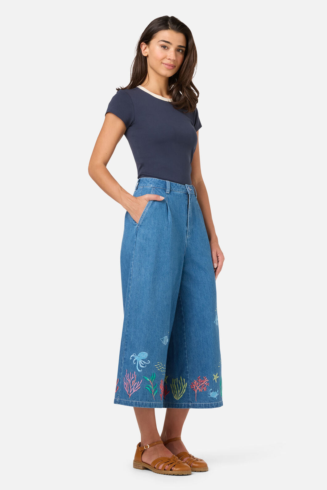 Sea Embroidered Denim Culotte
